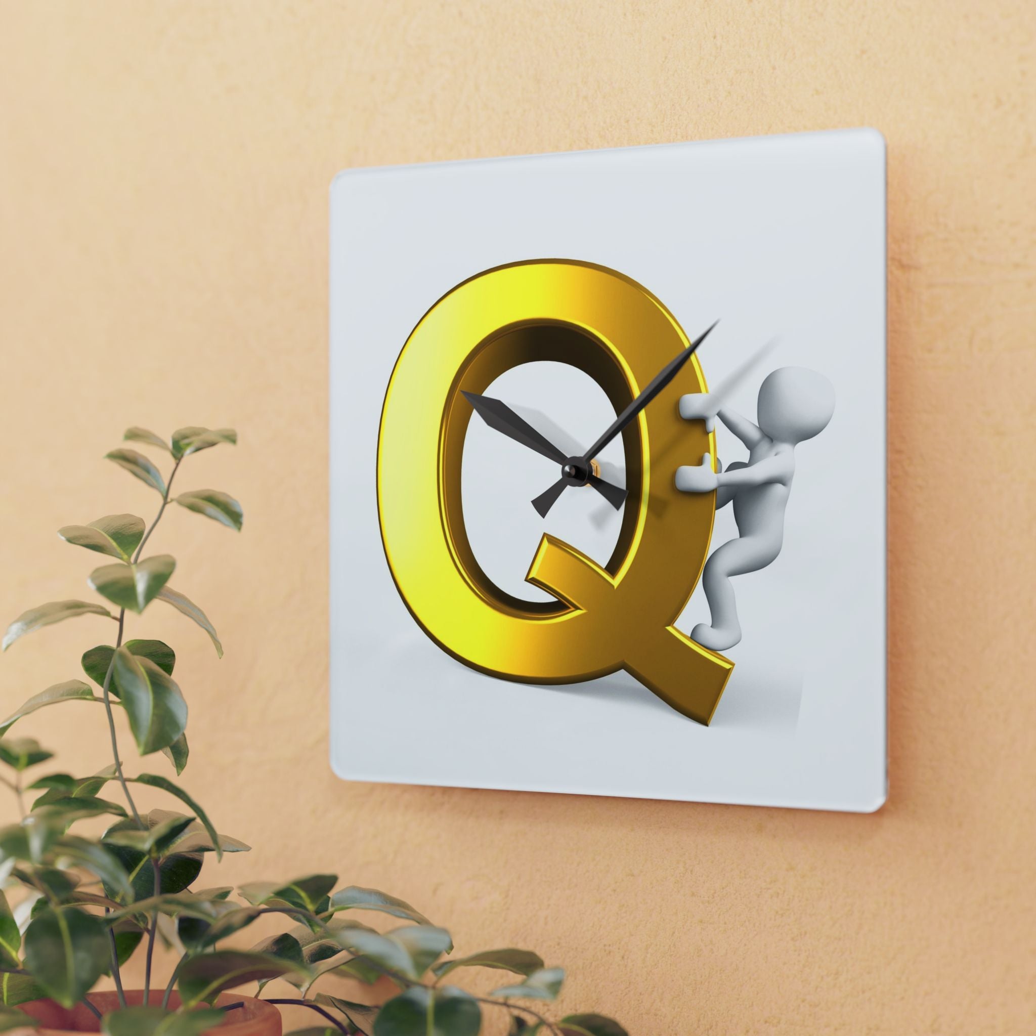 Gold Letter Q with Climbing Figure Acrylic Wall Clock | Initial Monogram Decor