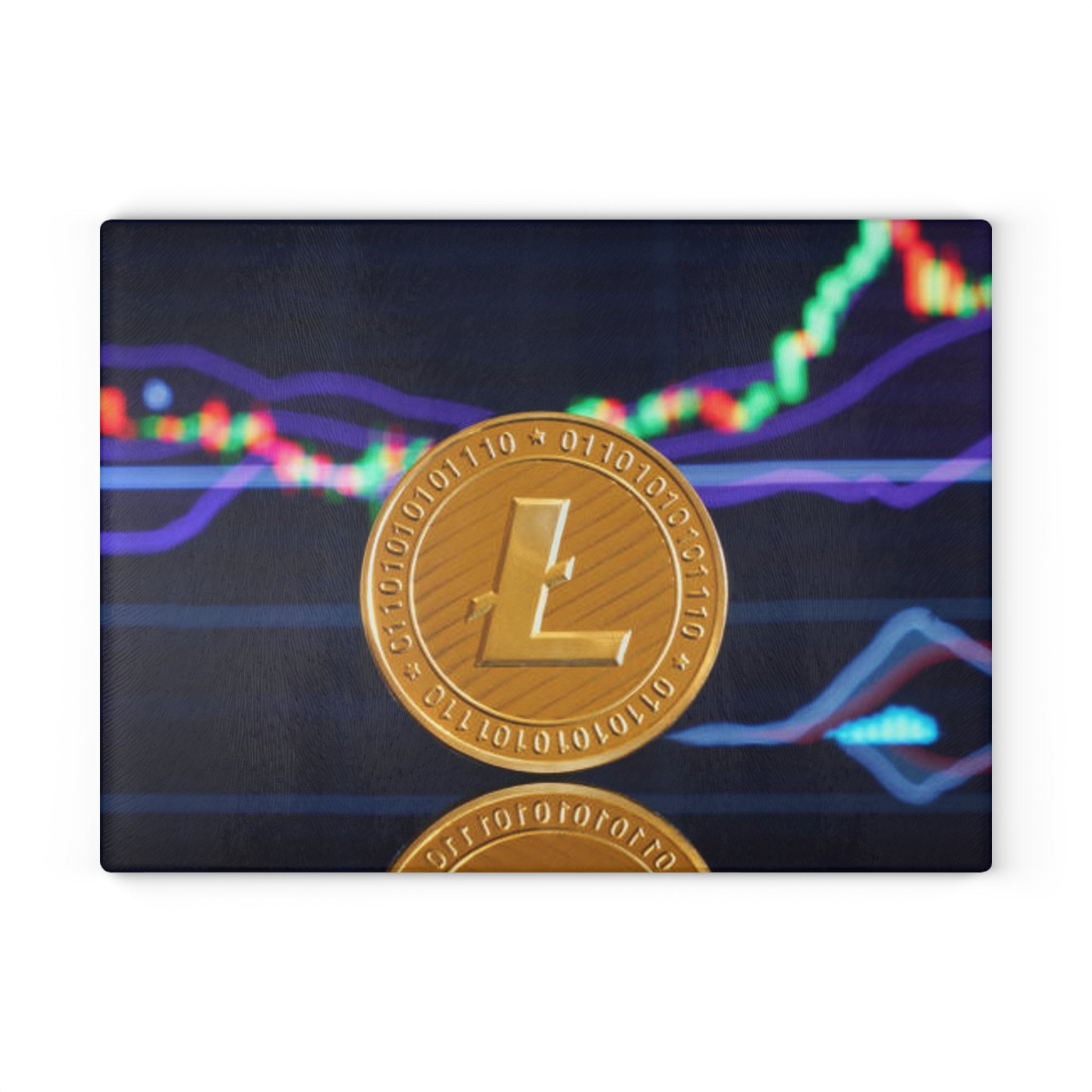 Litecoin Coin with Crypto Market Chart Glass Cutting Board | Cryptocurrency Kitchen Decor