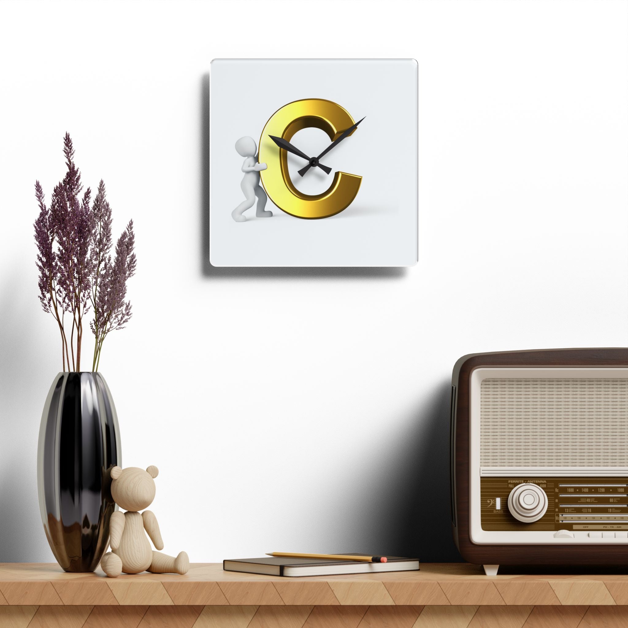 Gold Letter C with Figure Acrylic Wall Clock | Monogram Initial Decor