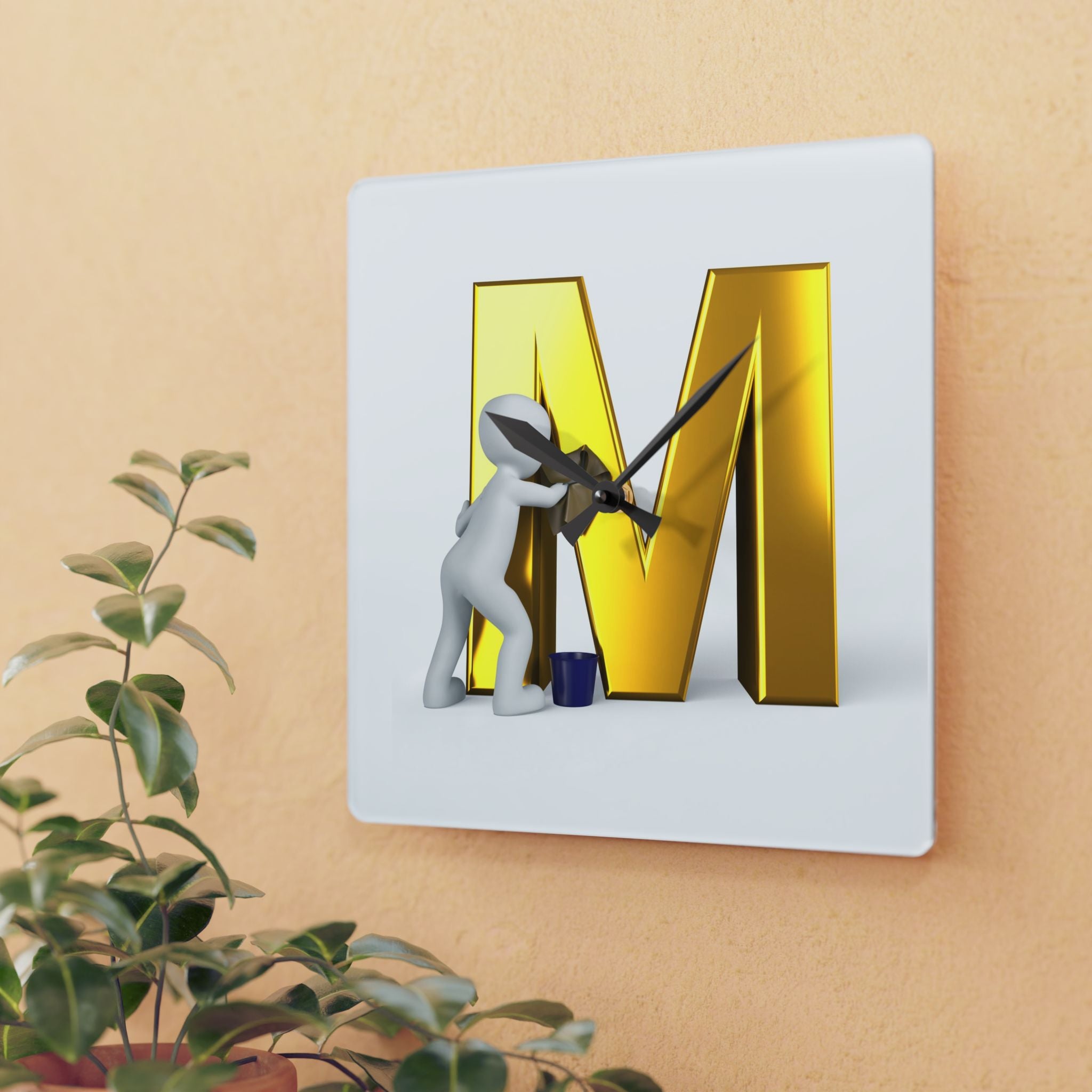 Gold Letter M Painting Acrylic Wall Clock | Monogram Initial Decor