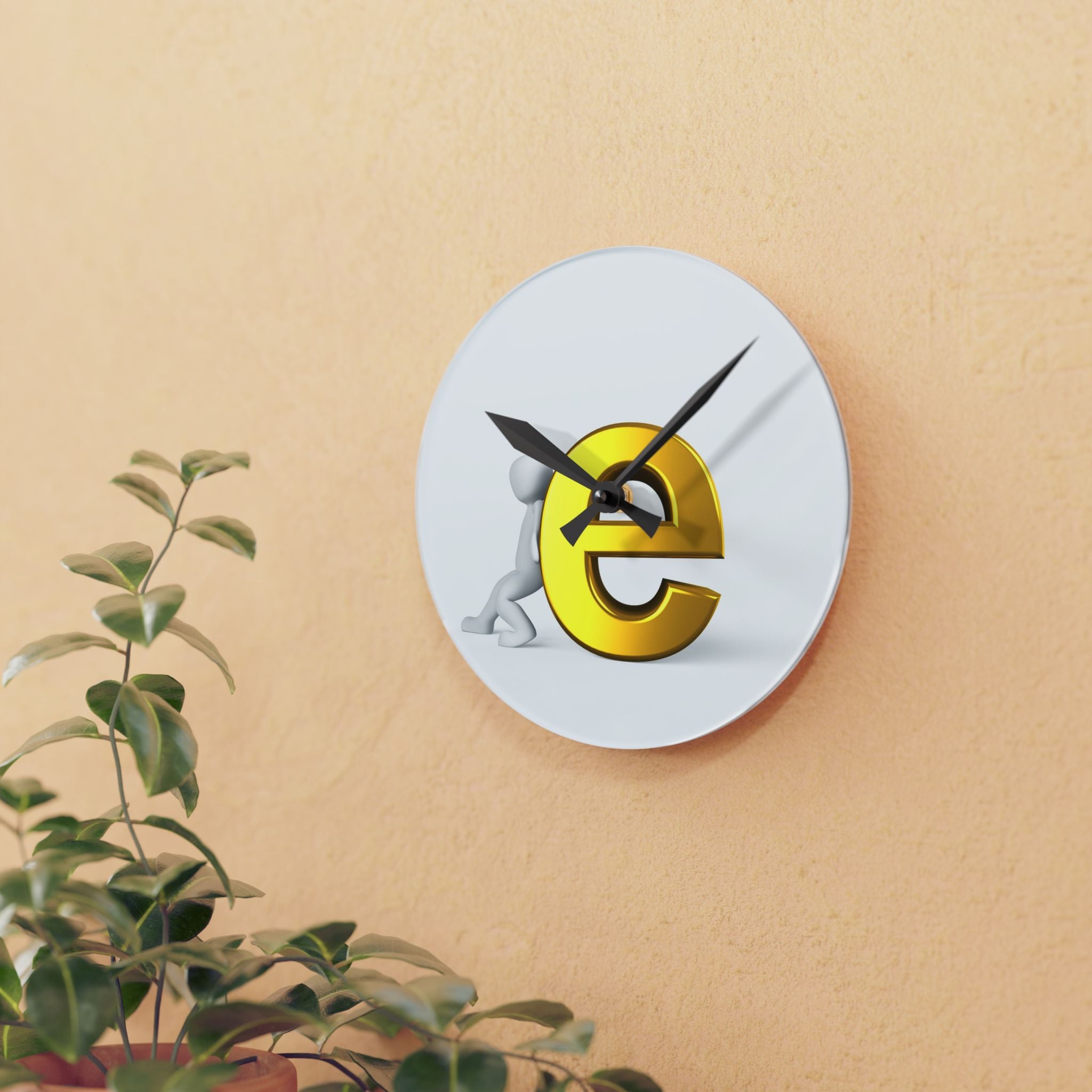 3D Gold Letter E with Figure Acrylic Wall Clock | Modern Alphabet Decor