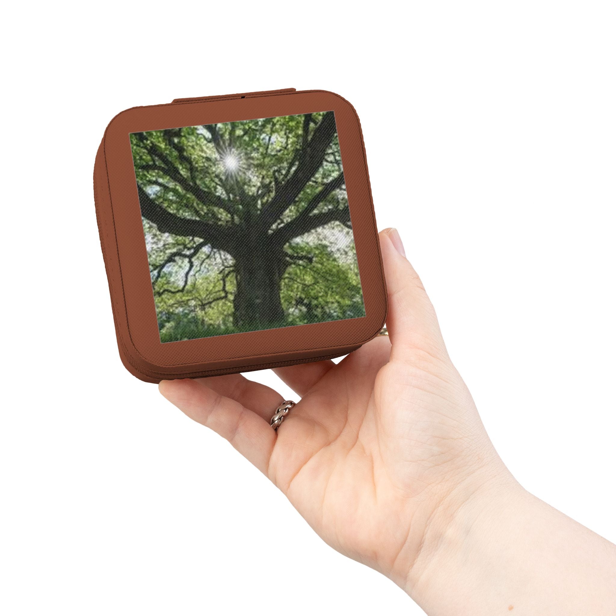 Sunlit Tree Photo Jewelry Travel Case | Compact Organizer for Rings, Earrings, Necklaces