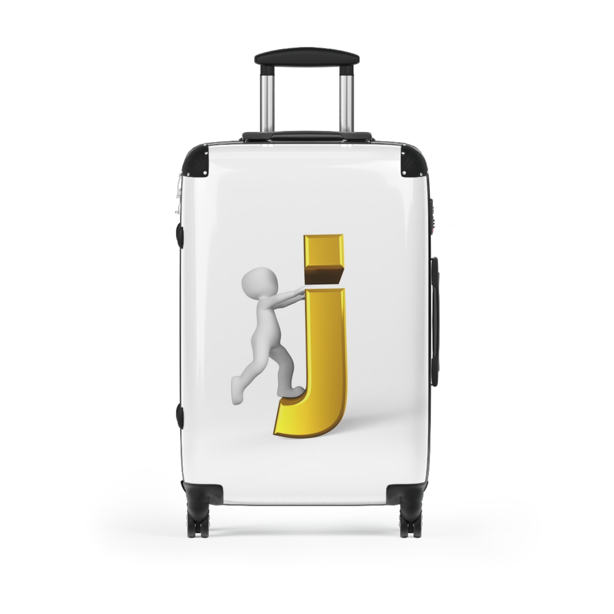 Personne en 3D chevauchant une valise avec la lettre J dorée | Bagage personnalisé avec initiales