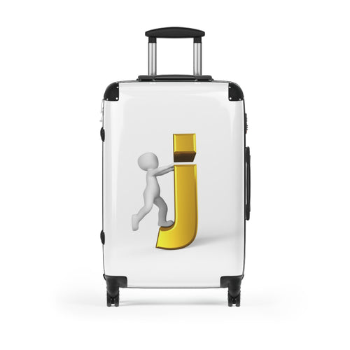 Personne en 3D chevauchant une valise avec la lettre J dorée | Bagage personnalisé avec initiales