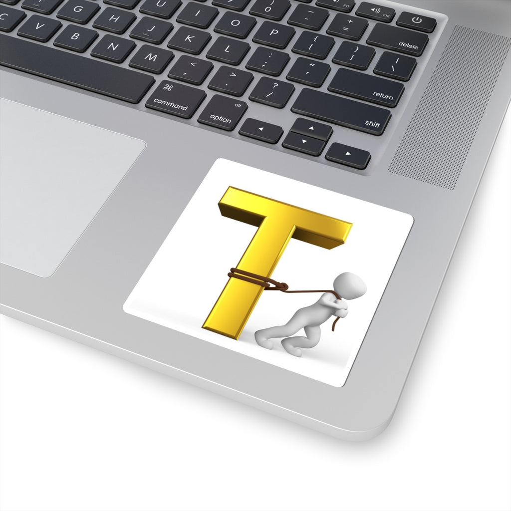 Man Pulling Gold Letter T sticker | Alphabet Initial Vinyl Kiss-Cut