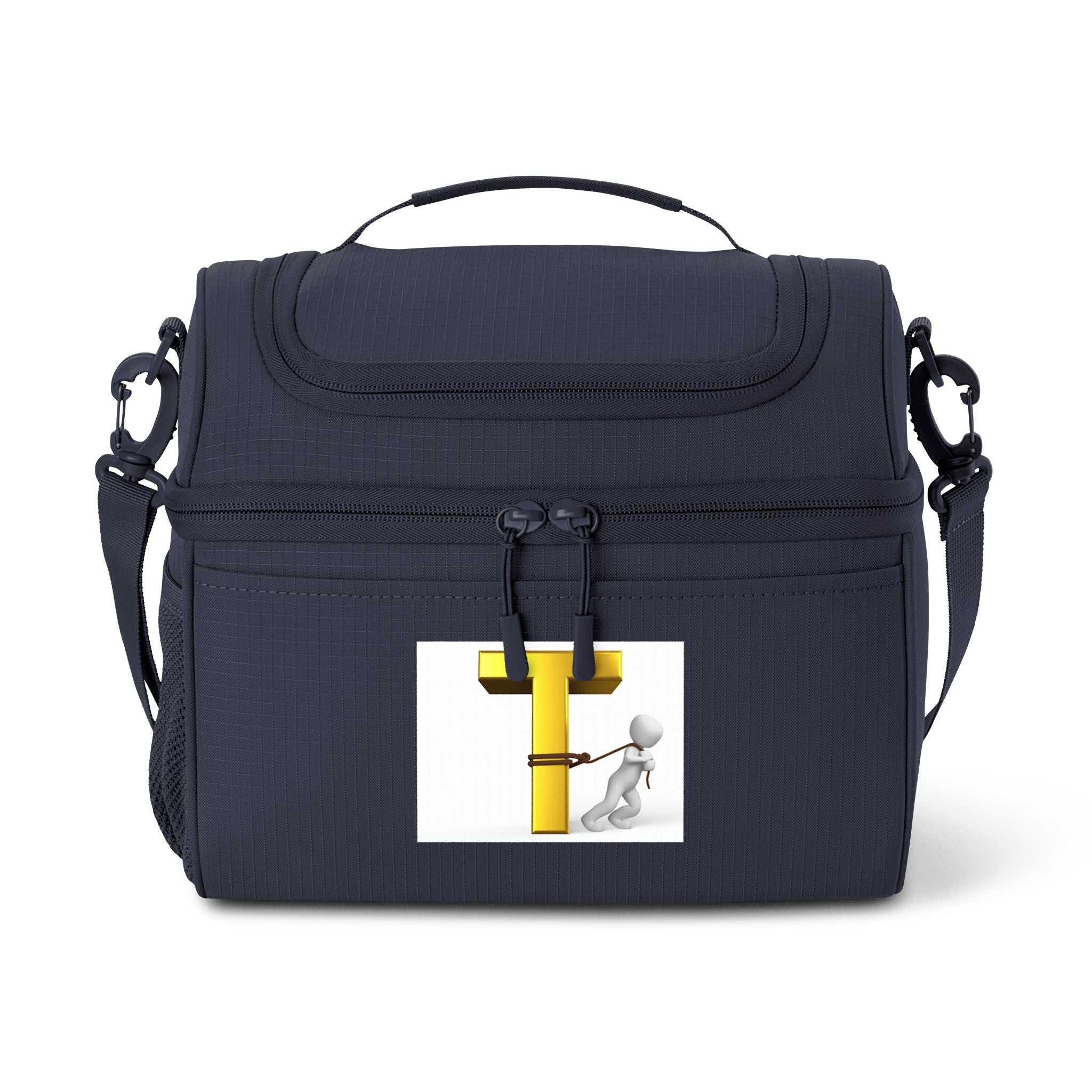 Sac isotherme avec bonhomme allumette 3D tirant la lettre T jaune | Sac isotherme repas personnalisé avec initiale