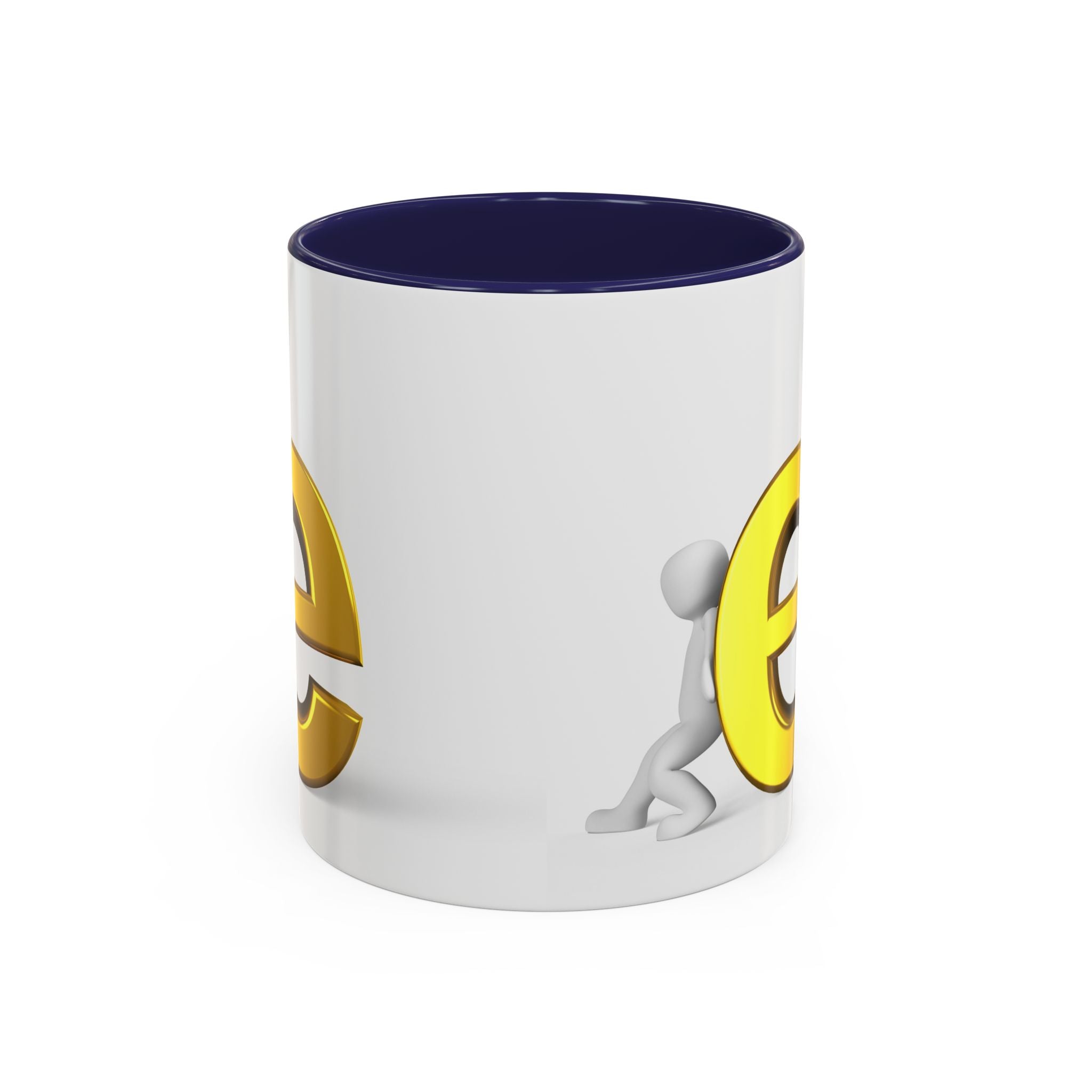 Mug à café motif bonhomme allumette 3D poussant la lettre dorée « e » | Anse et intérieur noirs