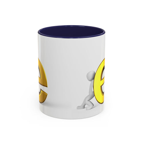 Mug à café motif bonhomme allumette 3D poussant la lettre dorée « e » | Anse et intérieur noirs