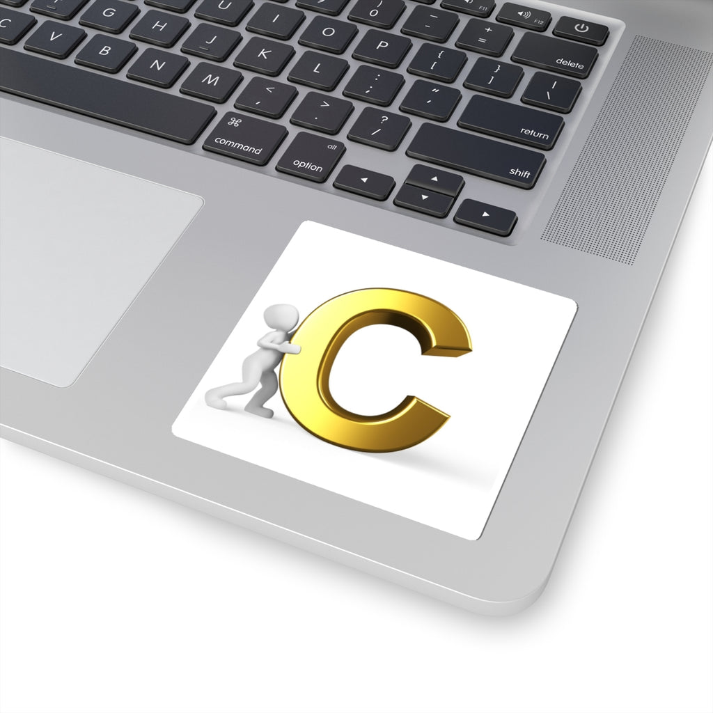 3D Gold Letter C with Pushing Figure Sticker | Kiss-Cut Sticker