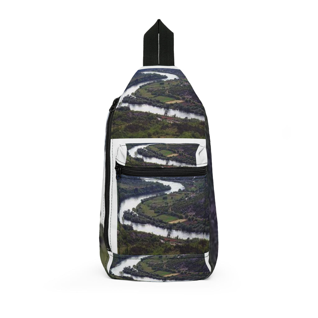 Aerial River Bend landscape Sling Bag | nature photography, green valley print