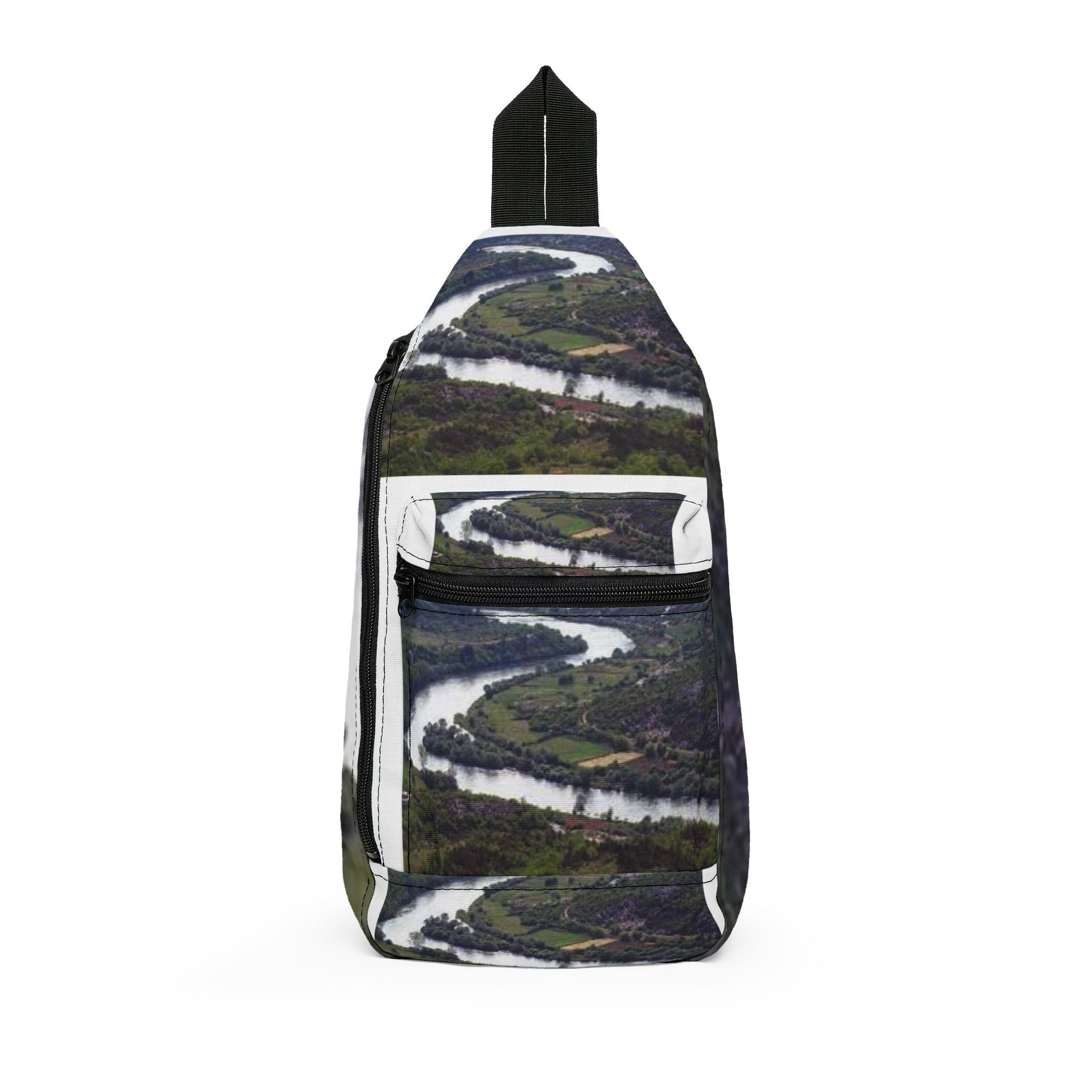 Aerial River Bend landscape Sling Bag | nature photography, green valley print