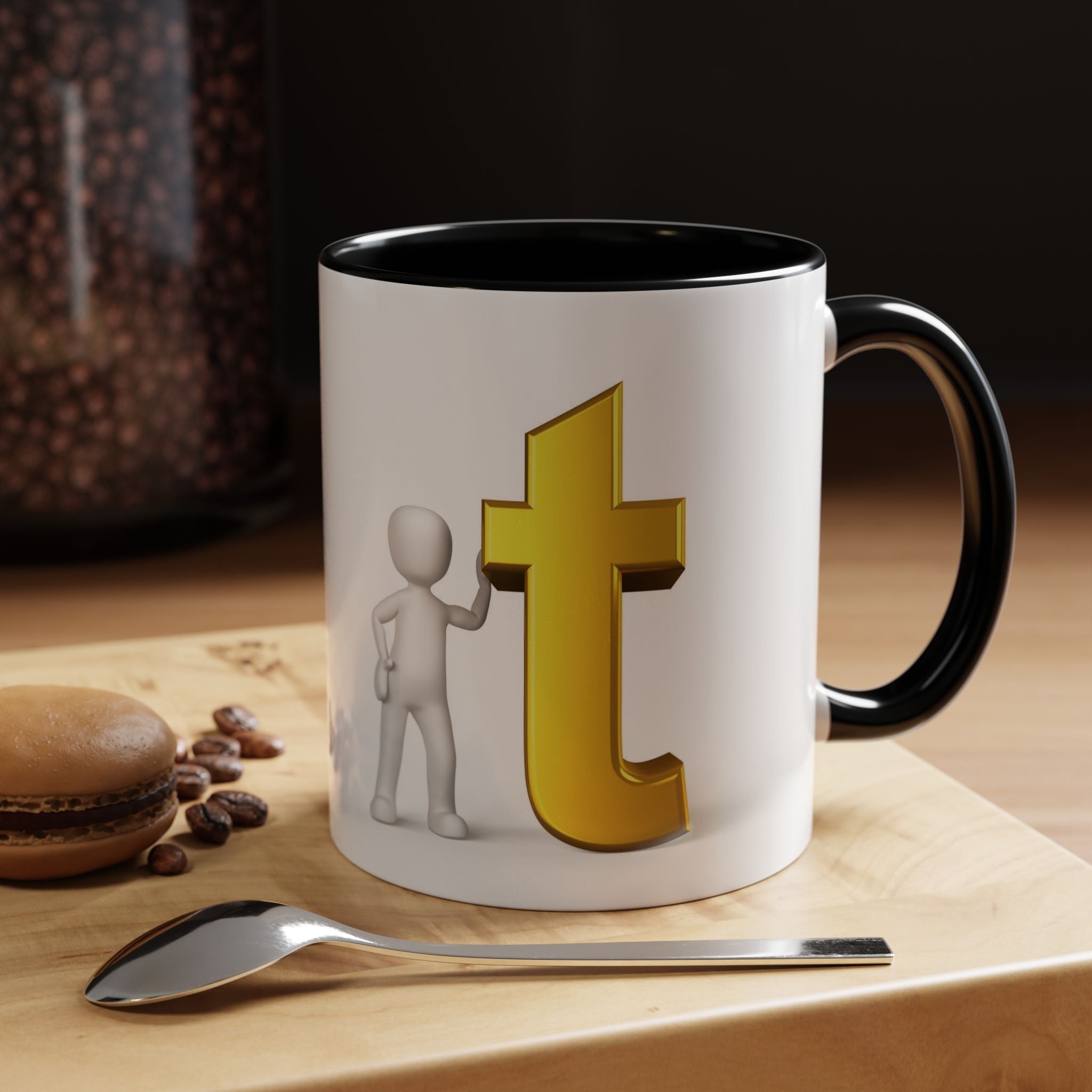 3D Stick Figure with Gold Letter T Mug | Accent Coffee Mug