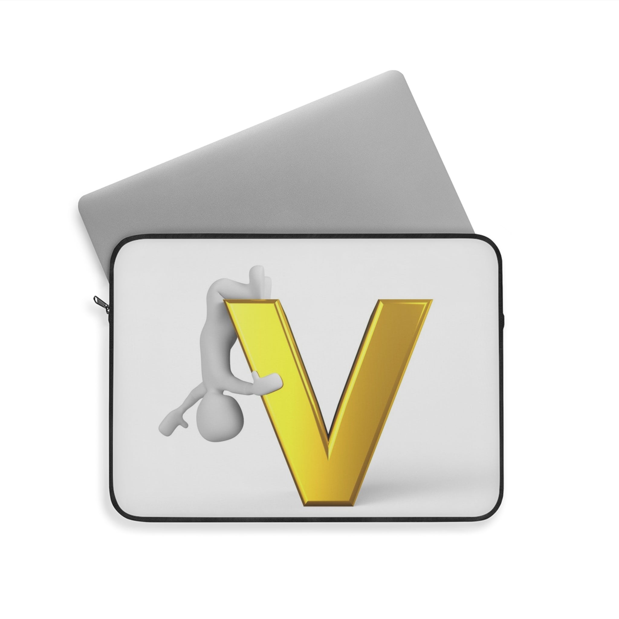 3D Character Hugging Gold Letter V Laptop Sleeve | Monogram Initial Cover