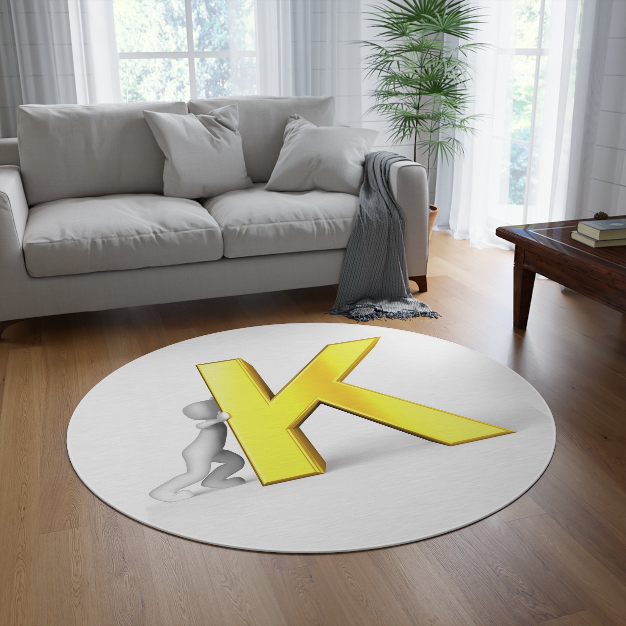 Gold Letter K Monogram Round Rug | Alphabet Initial Floor Mat