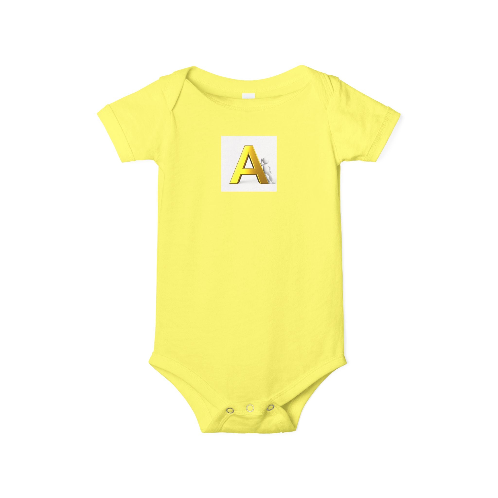 Grenouillère bébé jaune en jersey une pièce | Lettre A majuscule