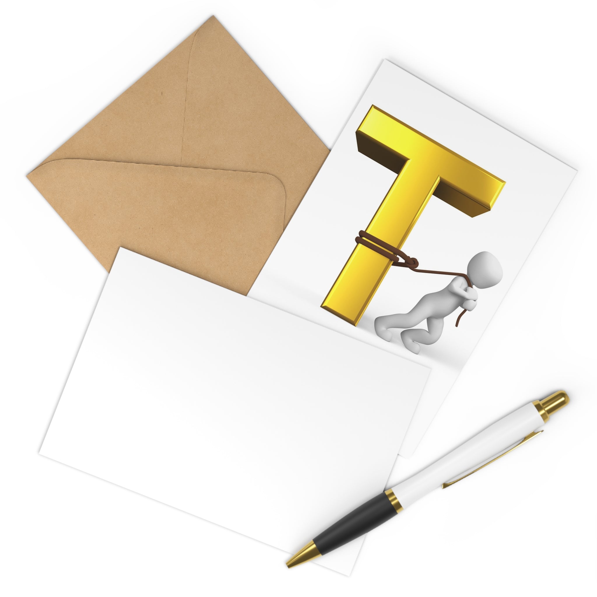3D Gold Letter T with Person Illustration Postcards (7 pcs)