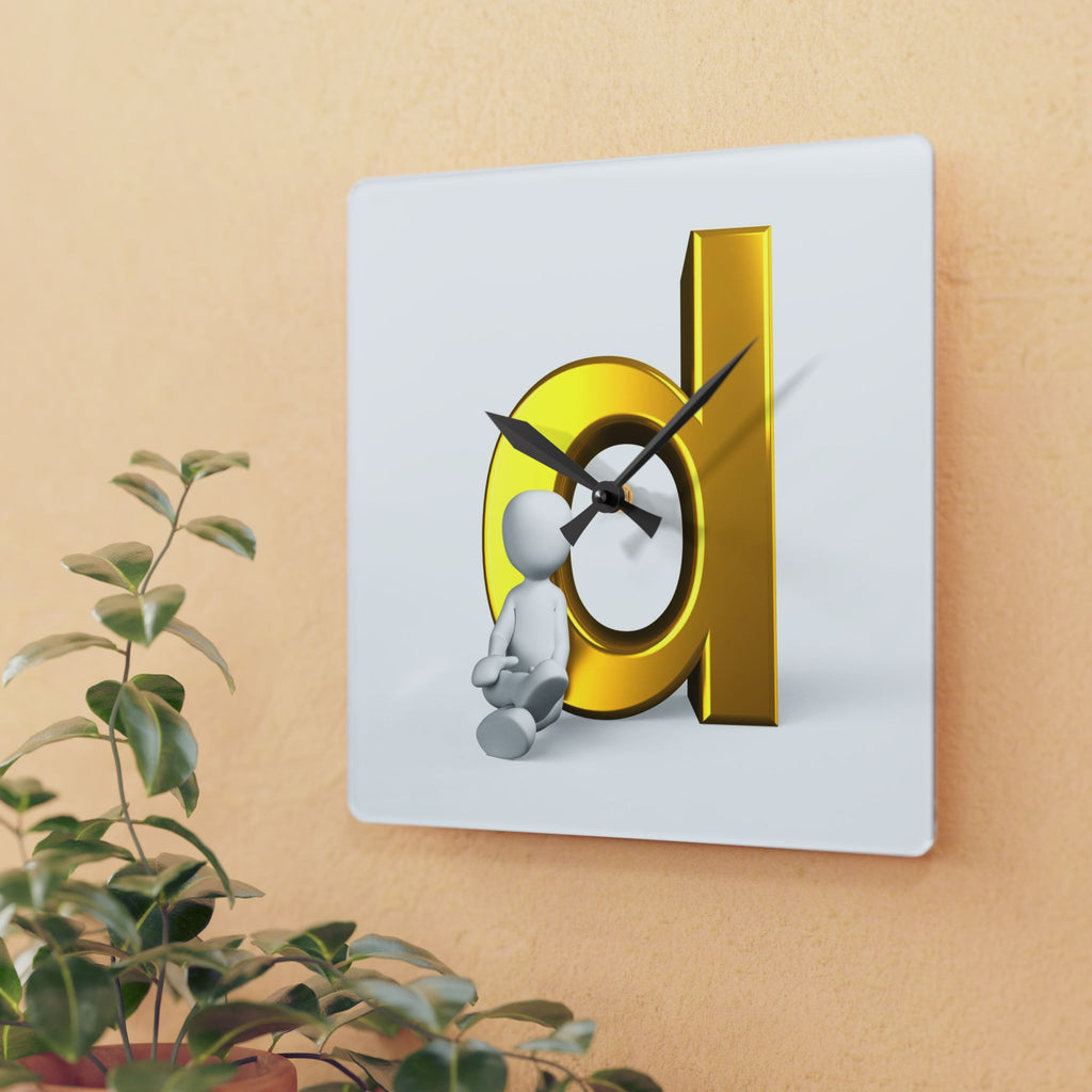 3D Gold Letter d with Sitting Figure Acrylic Wall Clock | Modern Alphabet Decor