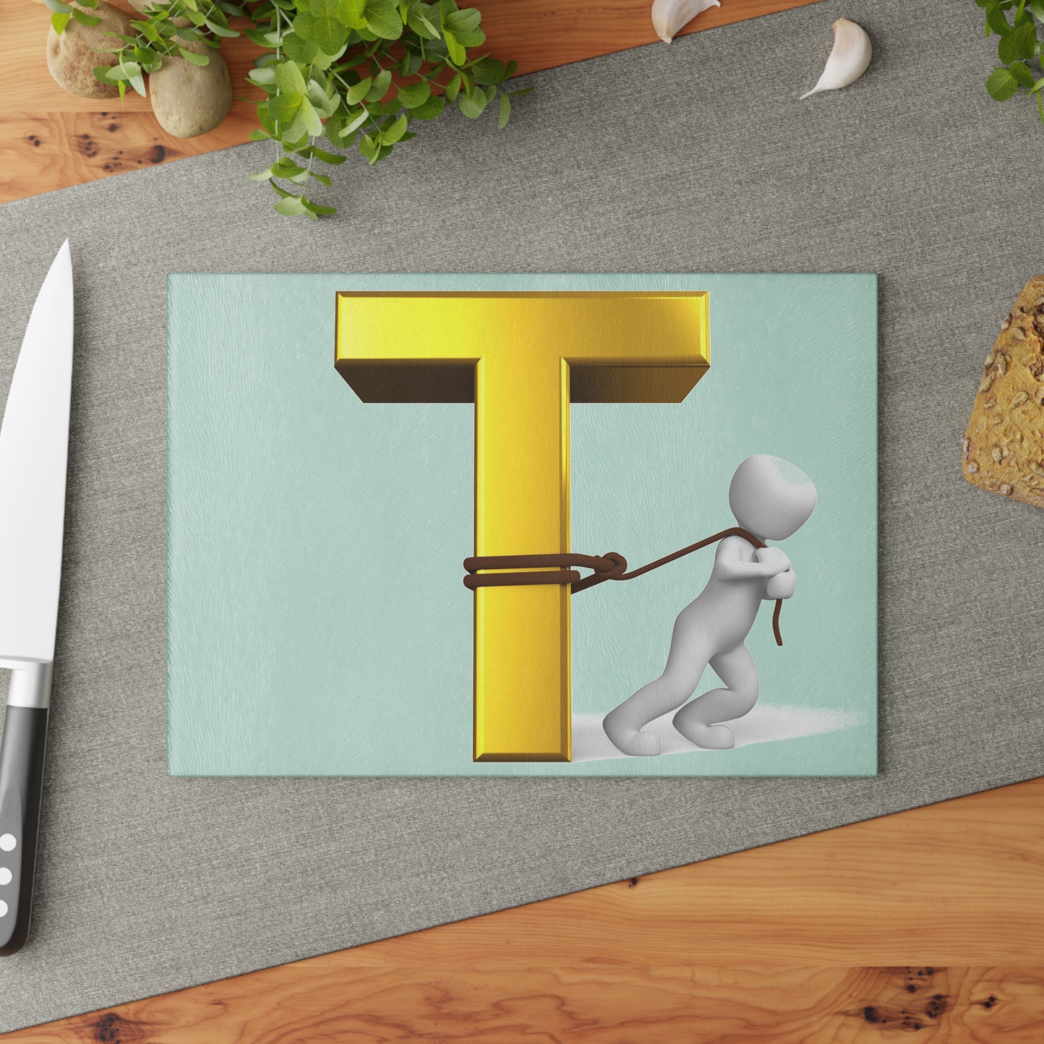 Gold Letter T with Figure Glass Cutting Board | Monogram Initial Kitchen Decor