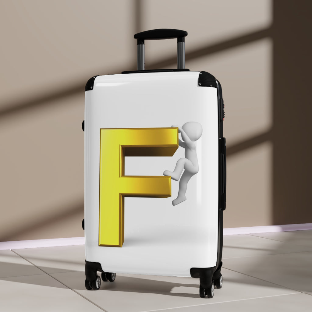 3D Yellow Letter F with Climbing Figure Suitcase | Monogram Luggage