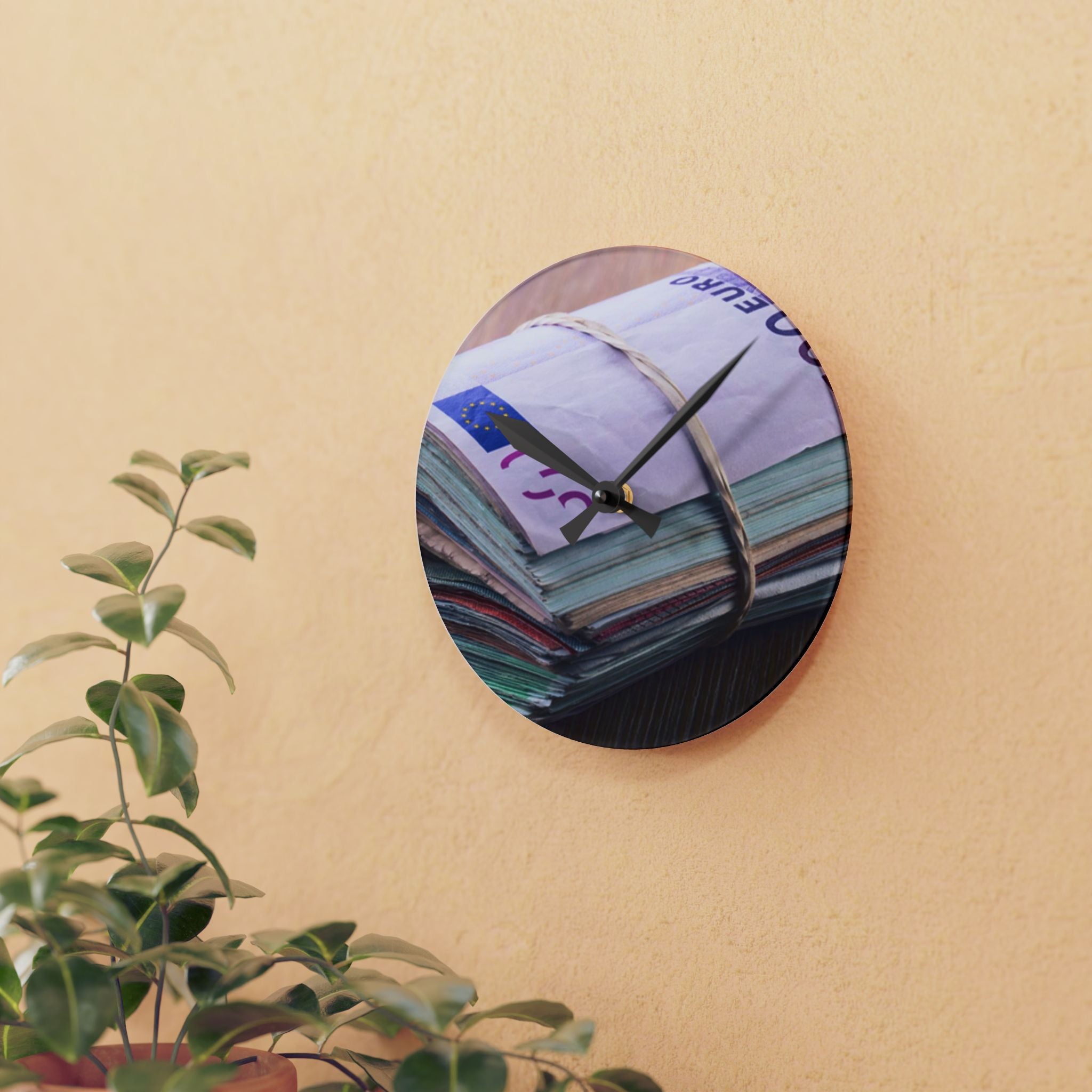 Stacked Currency Illustration Acrylic Wall Clock | Money Notes Design