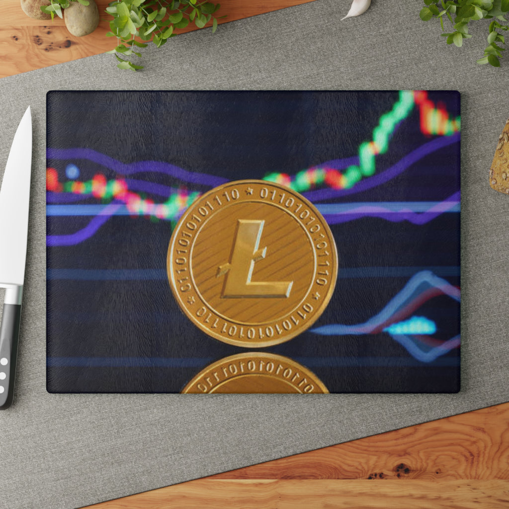 Litecoin Coin with Crypto Market Chart Glass Cutting Board | Cryptocurrency Kitchen Decor