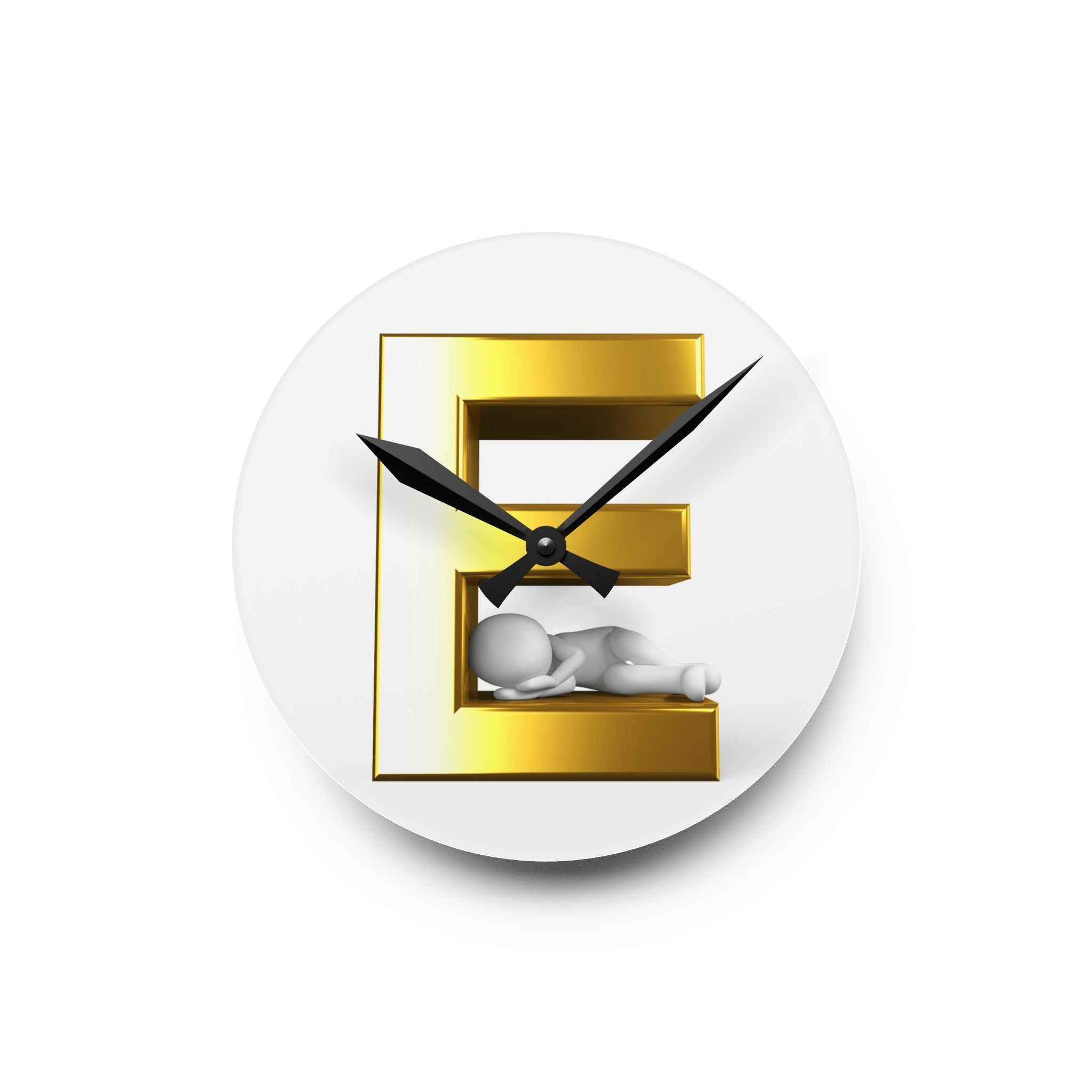 Gold Letter E with Sleeping Figure Acrylic Wall Clock | Modern Initial Home Decor