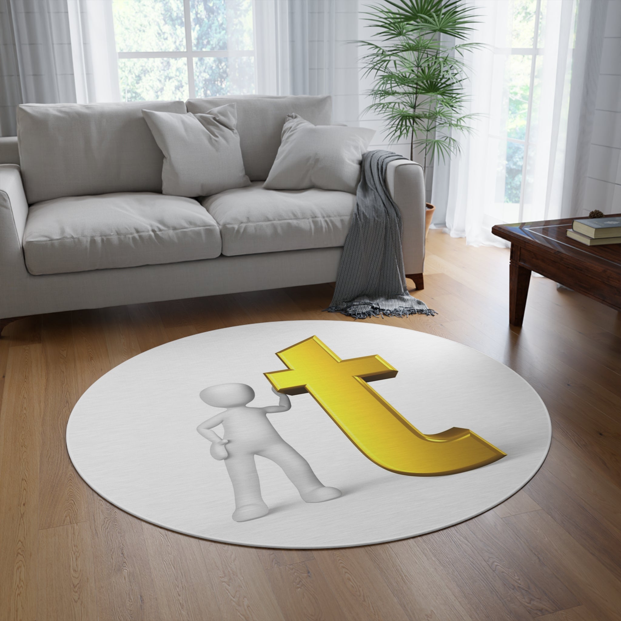3D Stick Figure with Gold T Letter Round Rug | Typograph Home Decor