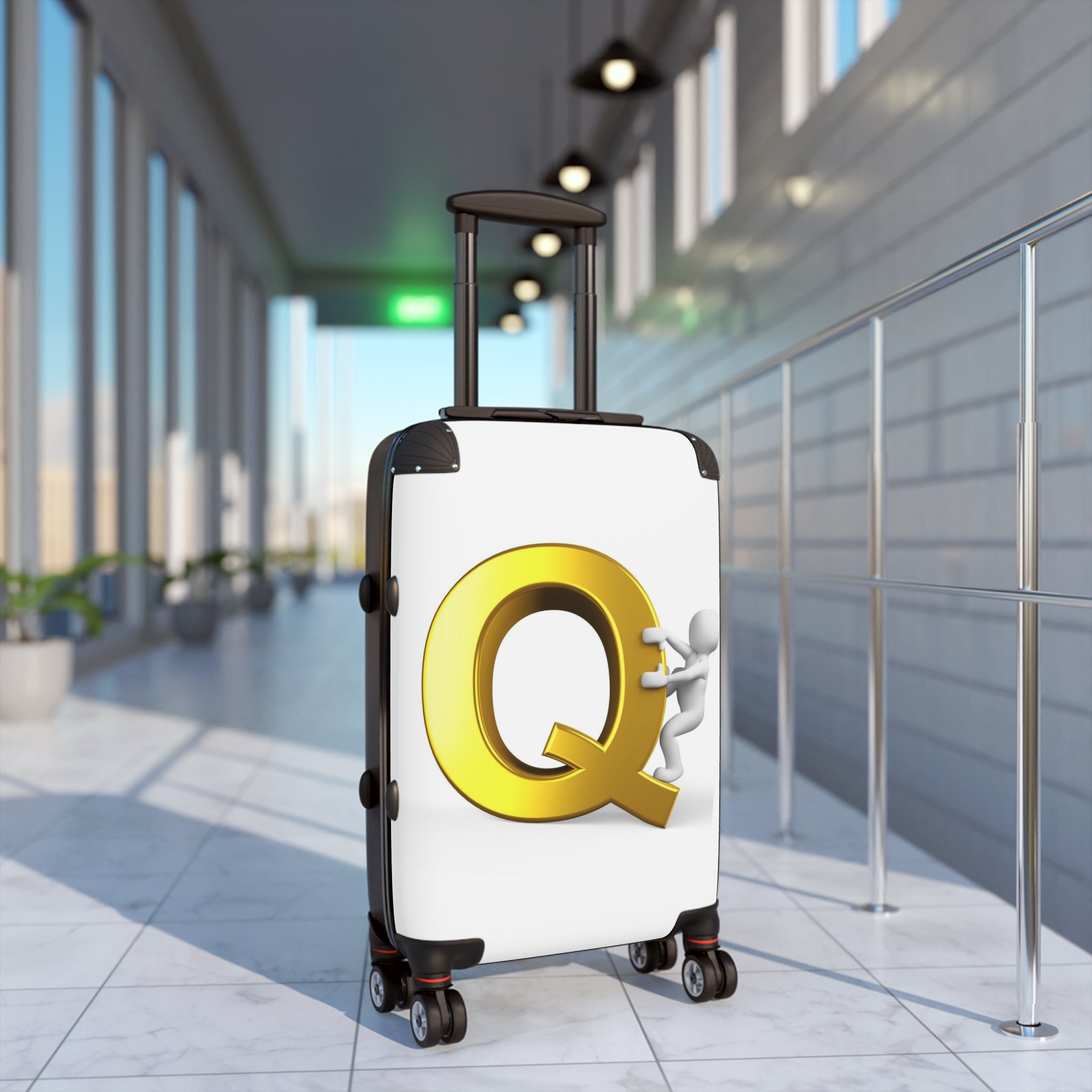 Gold Letter Q with Climbing Figure Suitcase | Monogram Initial Luggage