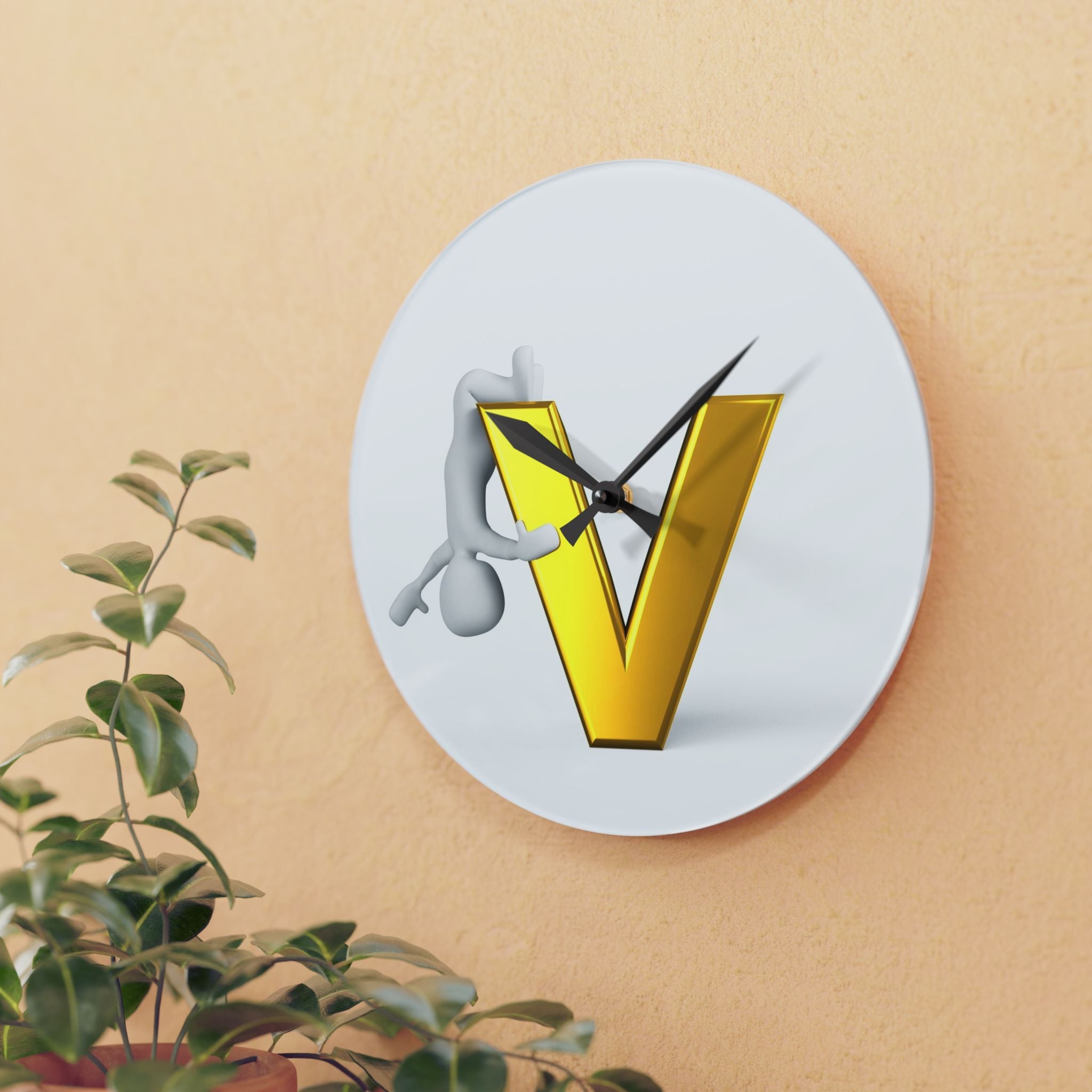 3D Gold Letter V with Figure acrylic wall clock | modern initial decor