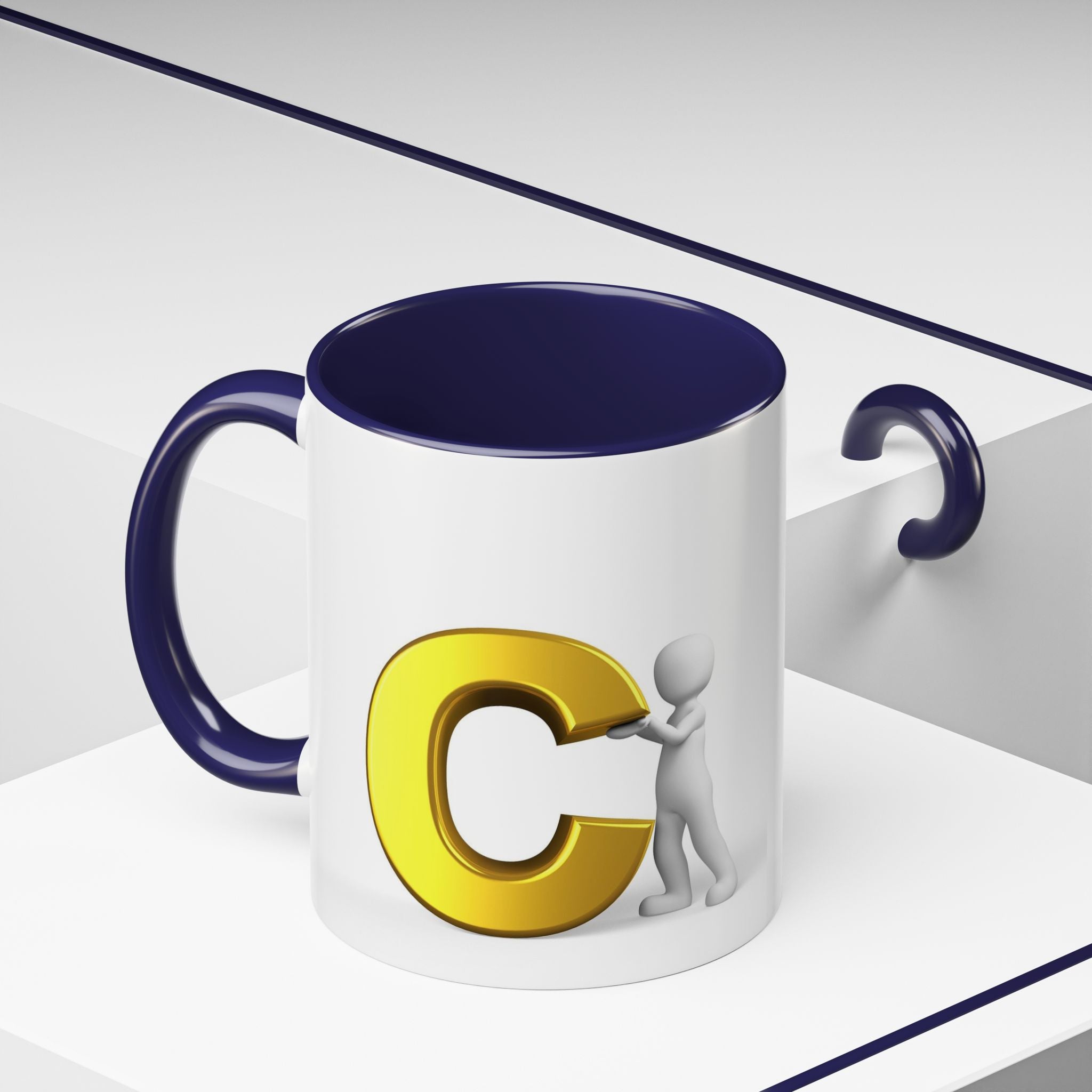 3D Stick Figure Holding Gold Letter C Accent Coffee Mug | Initial Monogram Mug