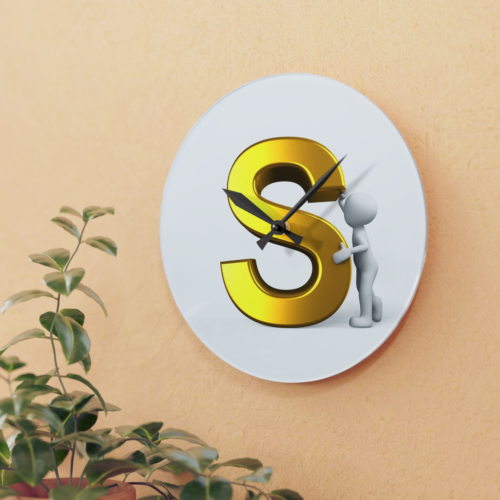 Gold Letter S with Figure Acrylic Wall Clock | Monogram Initial Decor