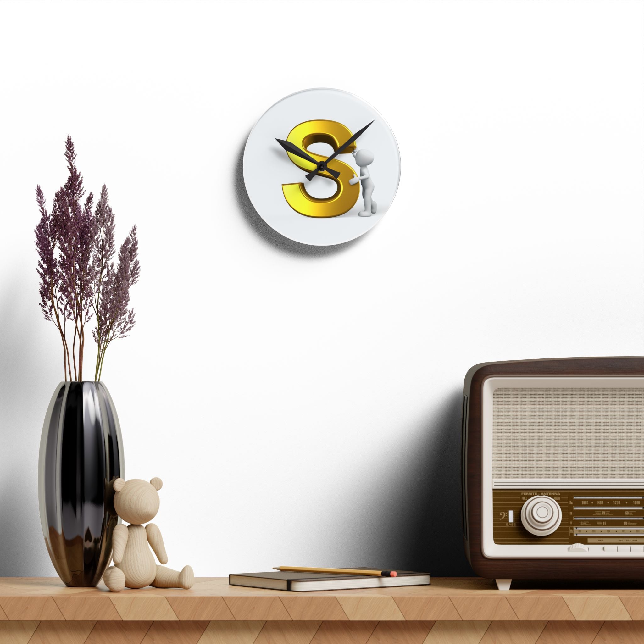 Gold Letter S with Figure Acrylic Wall Clock | Monogram Initial Decor