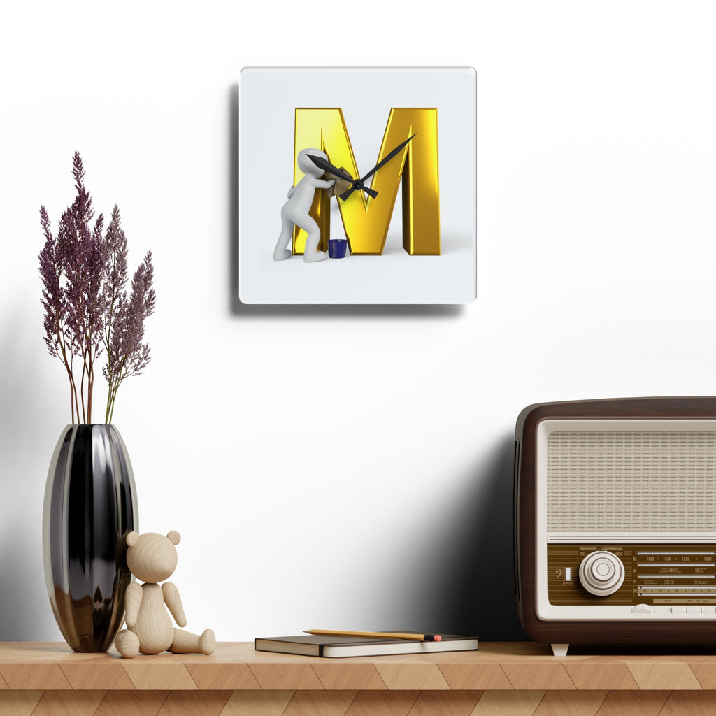 Gold Letter M Painting Acrylic Wall Clock | Monogram Initial Decor