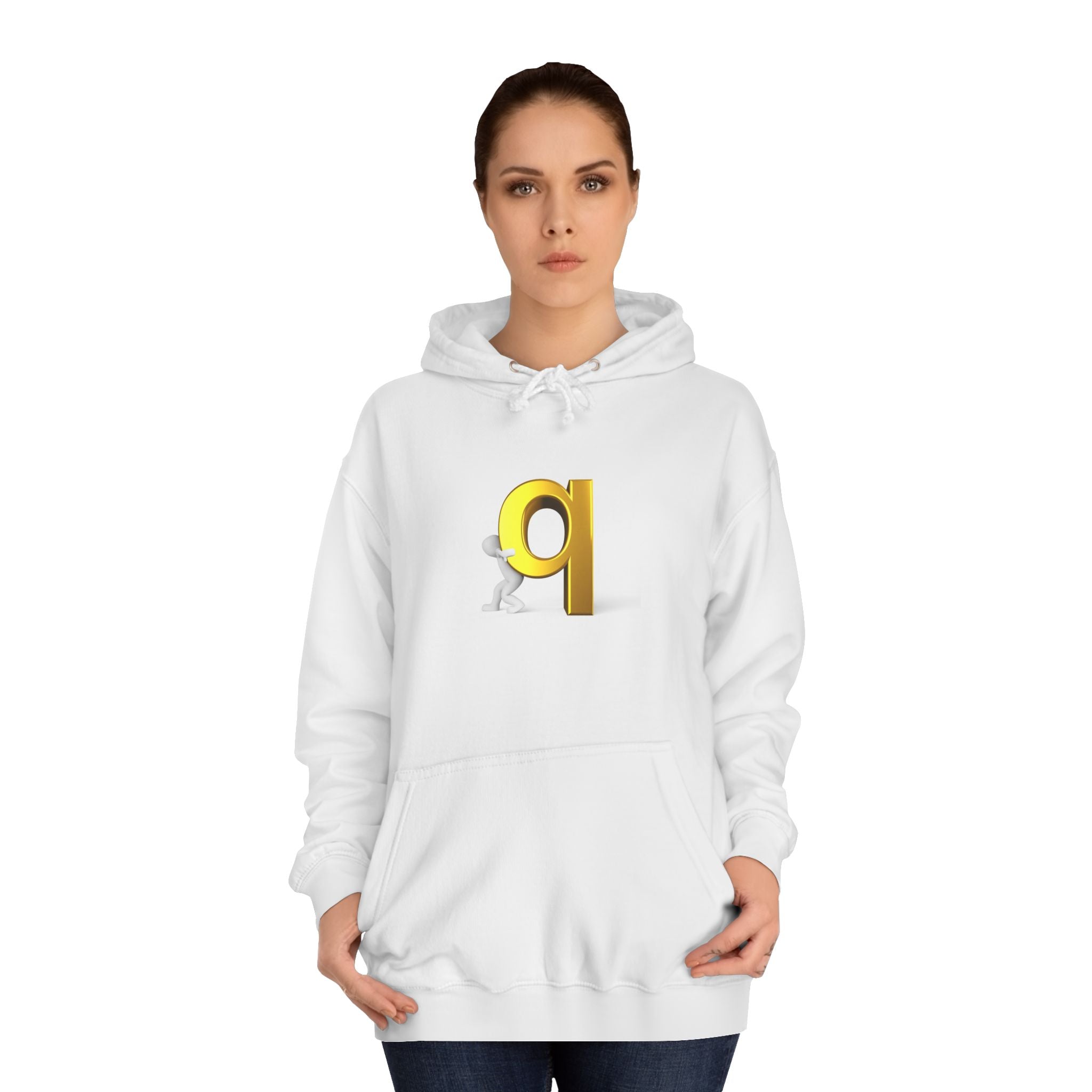 Gold Letter Q Hoodie | 3D Figure Pushing Q Graphic