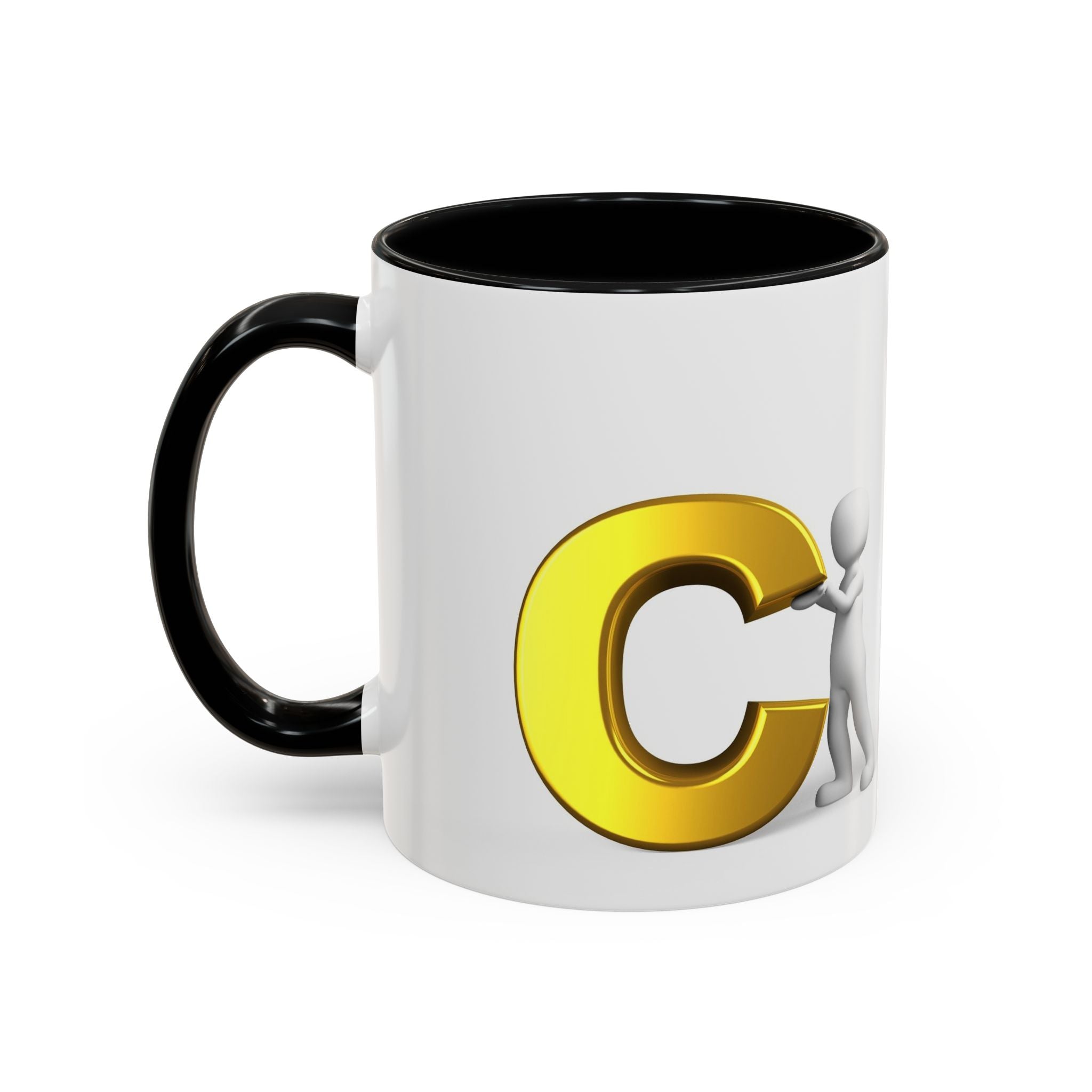 3D Stick Figure Holding Gold Letter C Accent Coffee Mug | Initial Monogram Mug