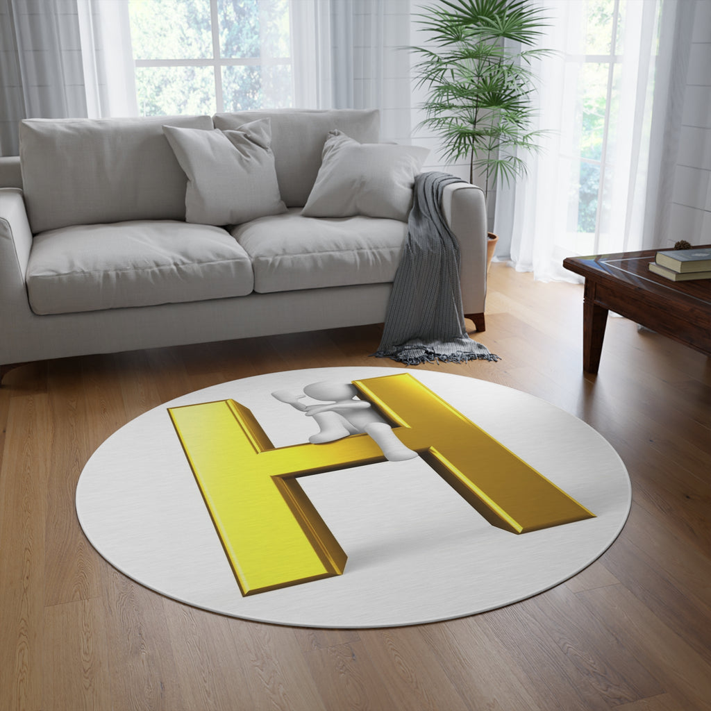 Gold Letter H with Climbing Figure Round Rug | Monogram Initial H Floor Mat