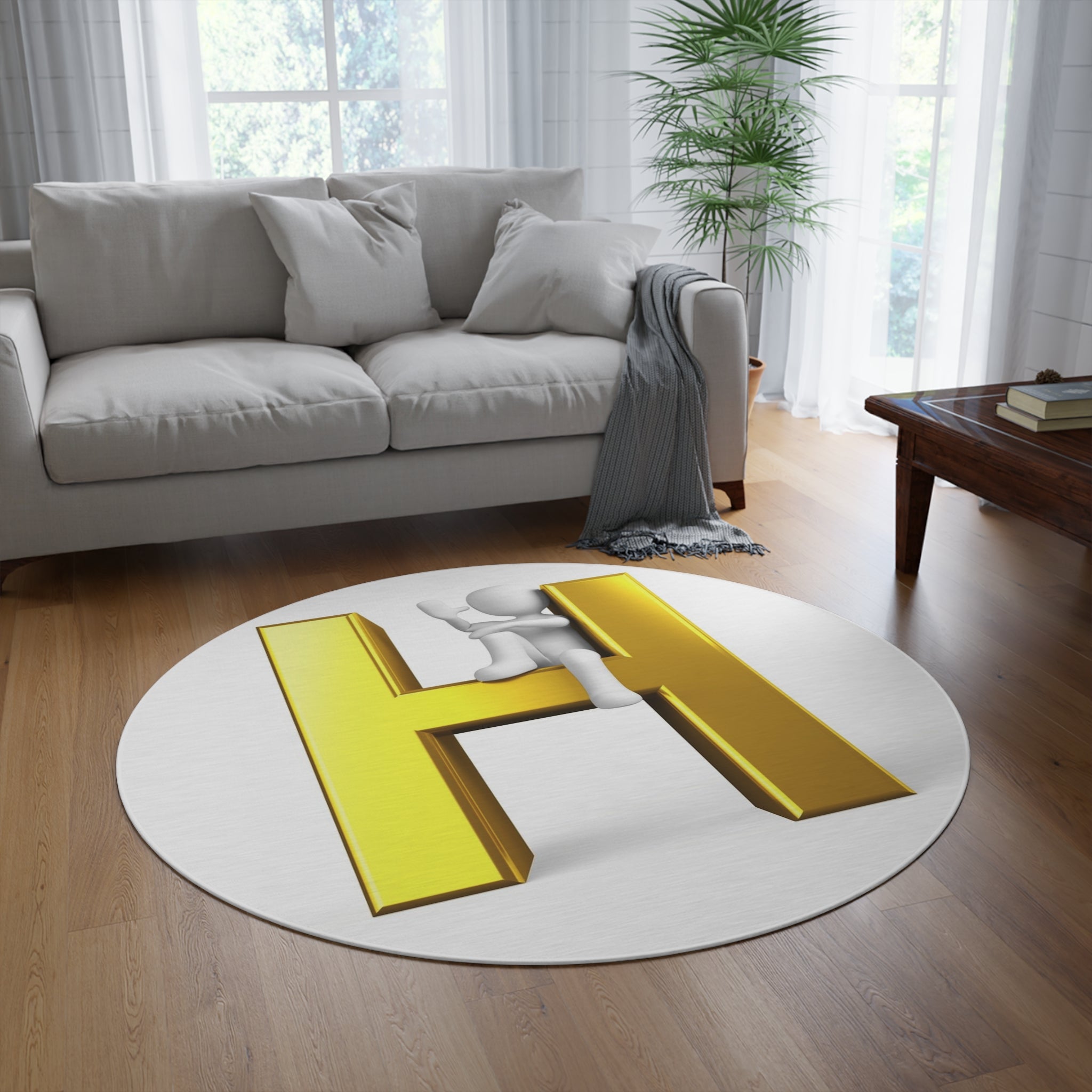 Gold Letter H with Climbing Figure Round Rug | Monogram Initial H Floor Mat