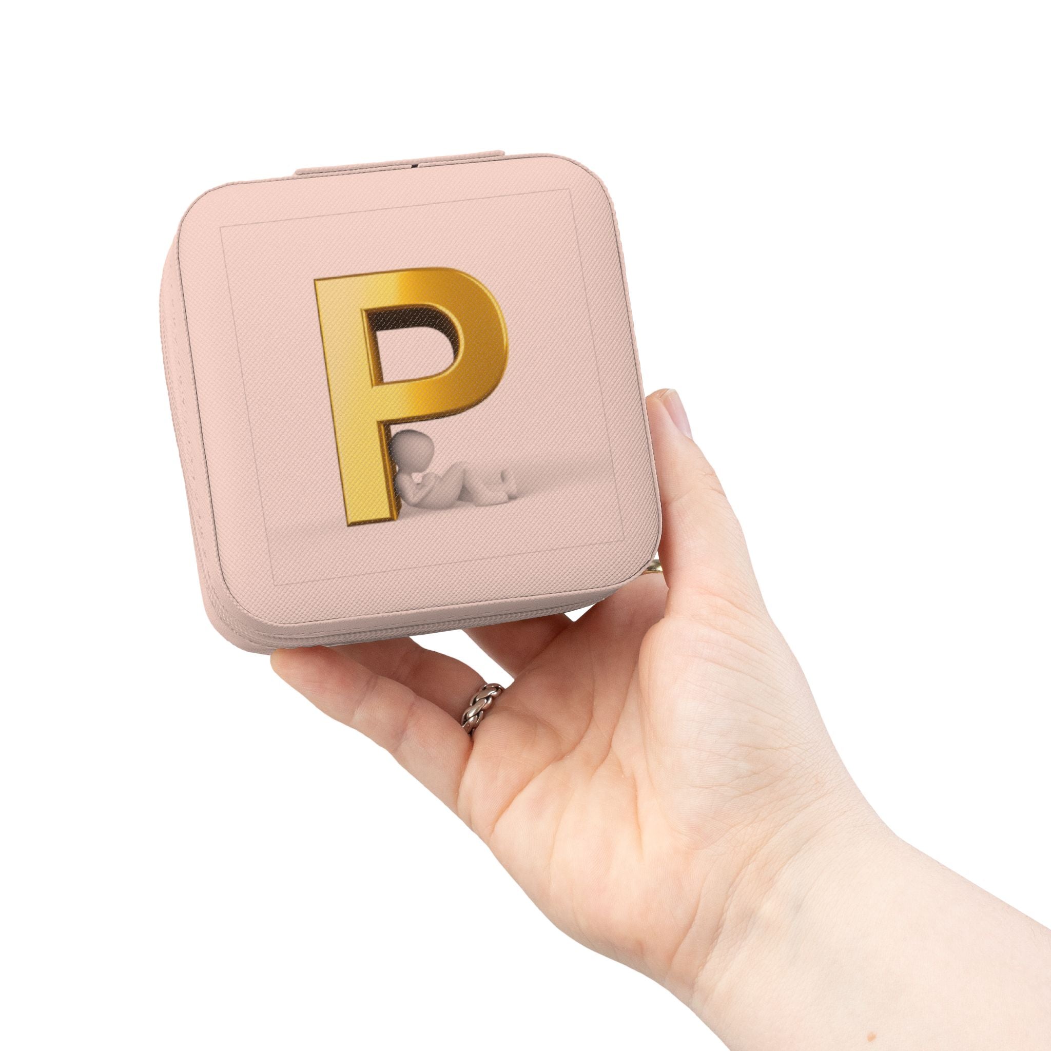 Étui de voyage carré rose compact pour bijoux avec monogramme lettre P dorée