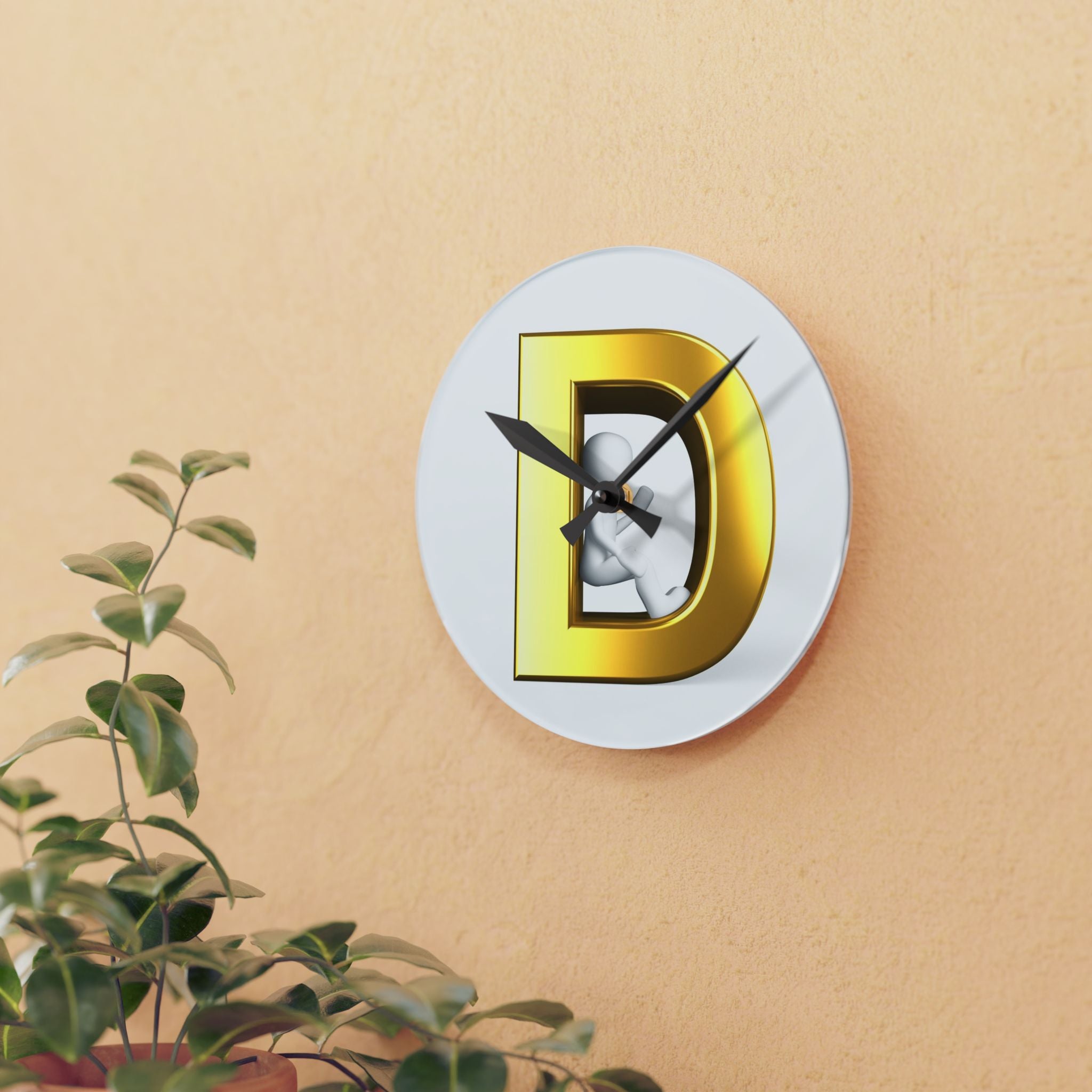 Gold Letter D with 3D Figure Acrylic Wall Clock | Monogram Initial Decor