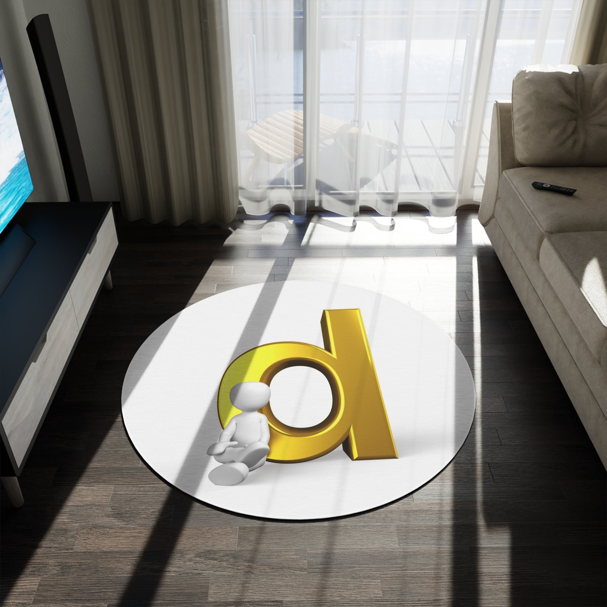 Golden Letter D with Sitting Figurine Round Rug | Monogram Initial Home Decor