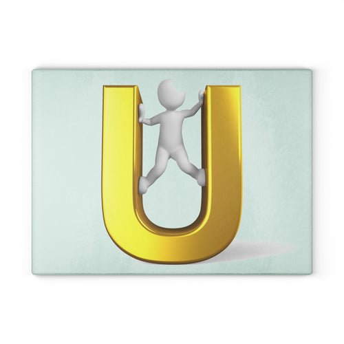 3D Figure Climbing Gold Letter U Glass Cutting Board | Monogram Initial Kitchen Decor