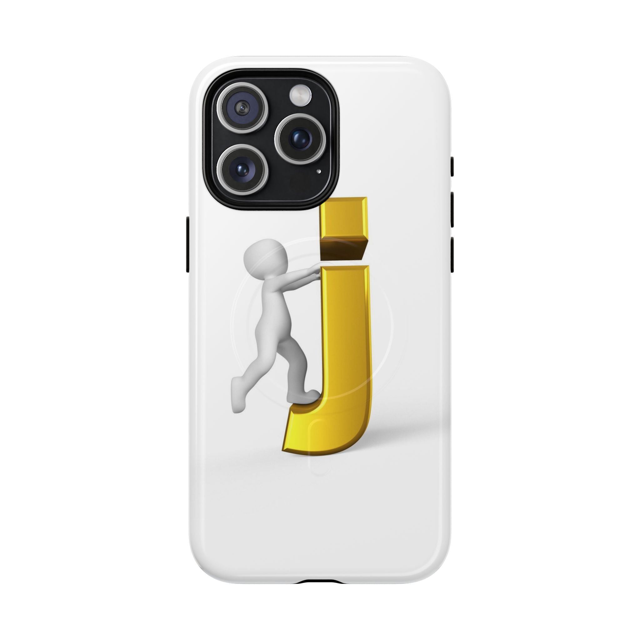 Coque de téléphone 3D Bonhomme allumette Poussant la lettre J dorée | Coque magnétique robuste