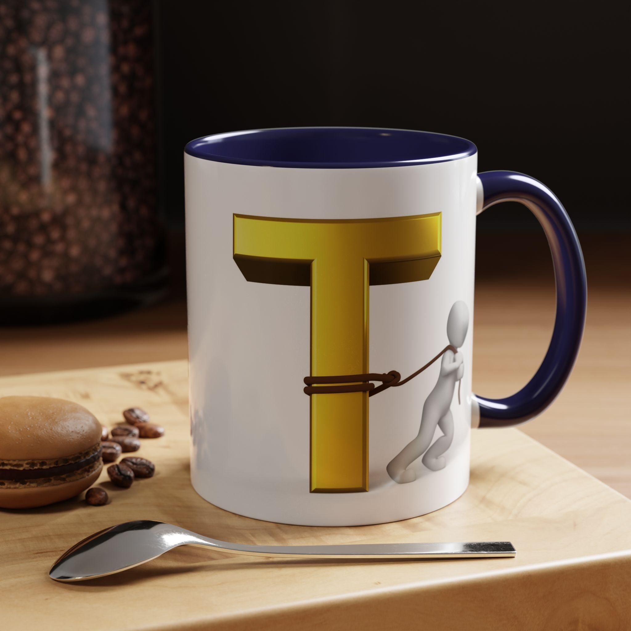 3D Stick Figure Tugging Gold Letter T Mug | Accent Coffee Mug
