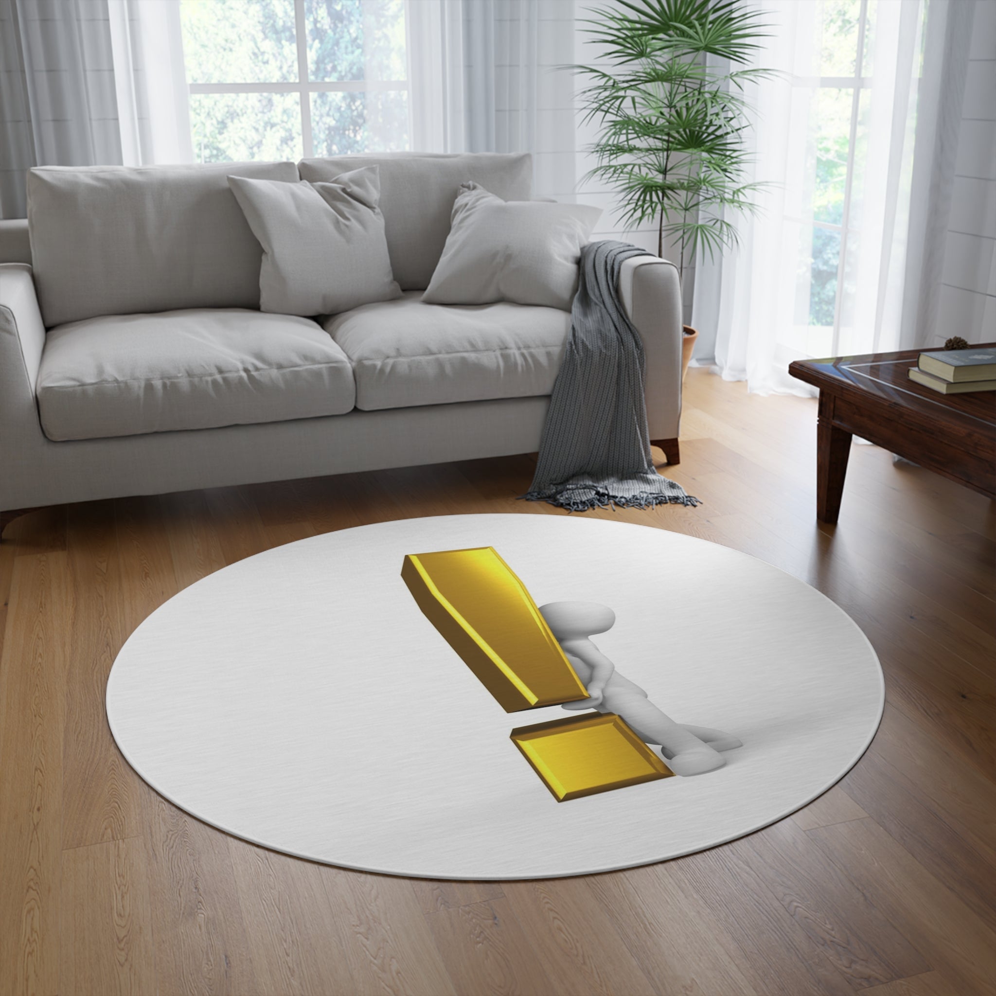 3D Figure with Gold Exclamation Round Rug | Statement Symbol Accent Rug