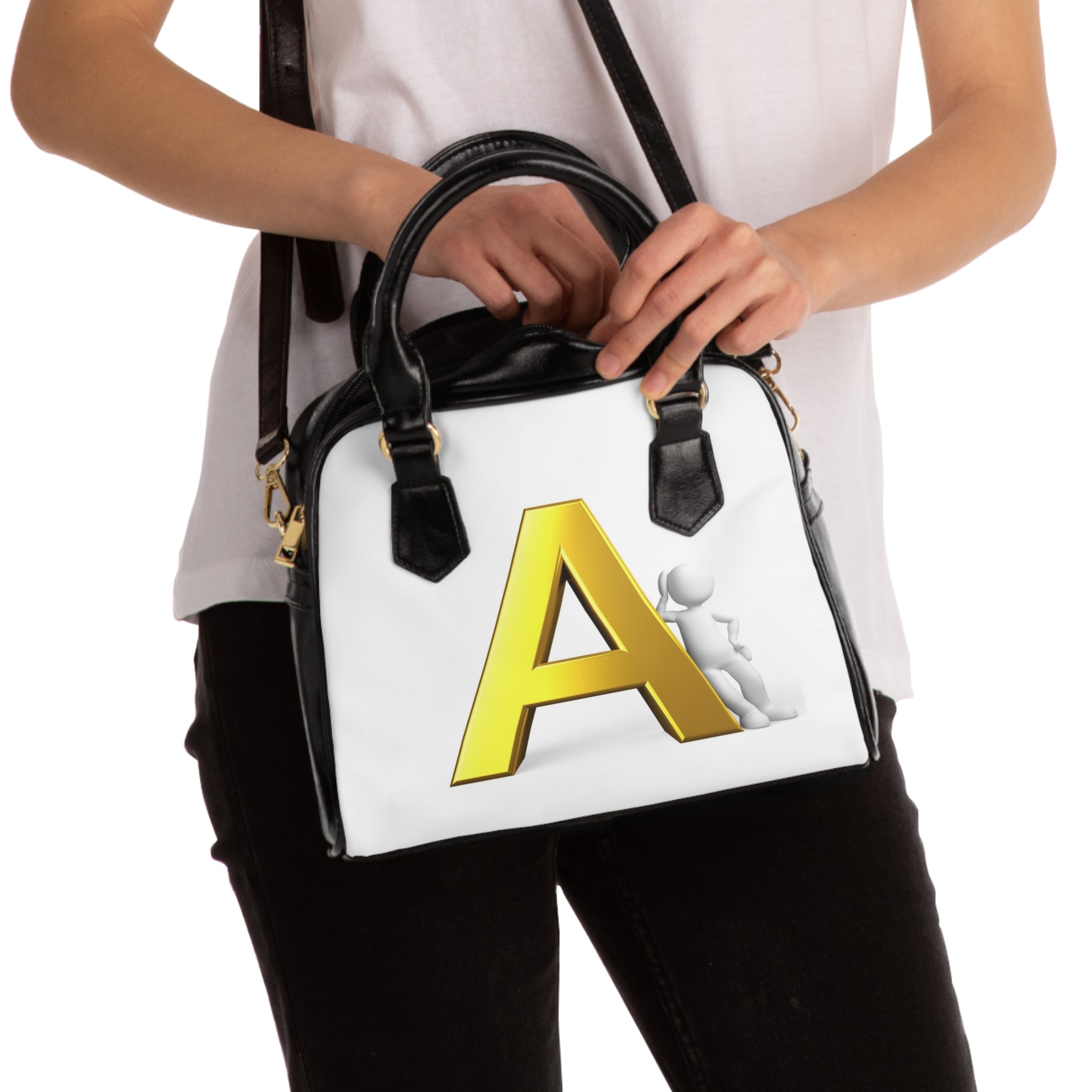 Gold Letter A Monogram Shoulder Handbag | Initial Purse, White Black Trim