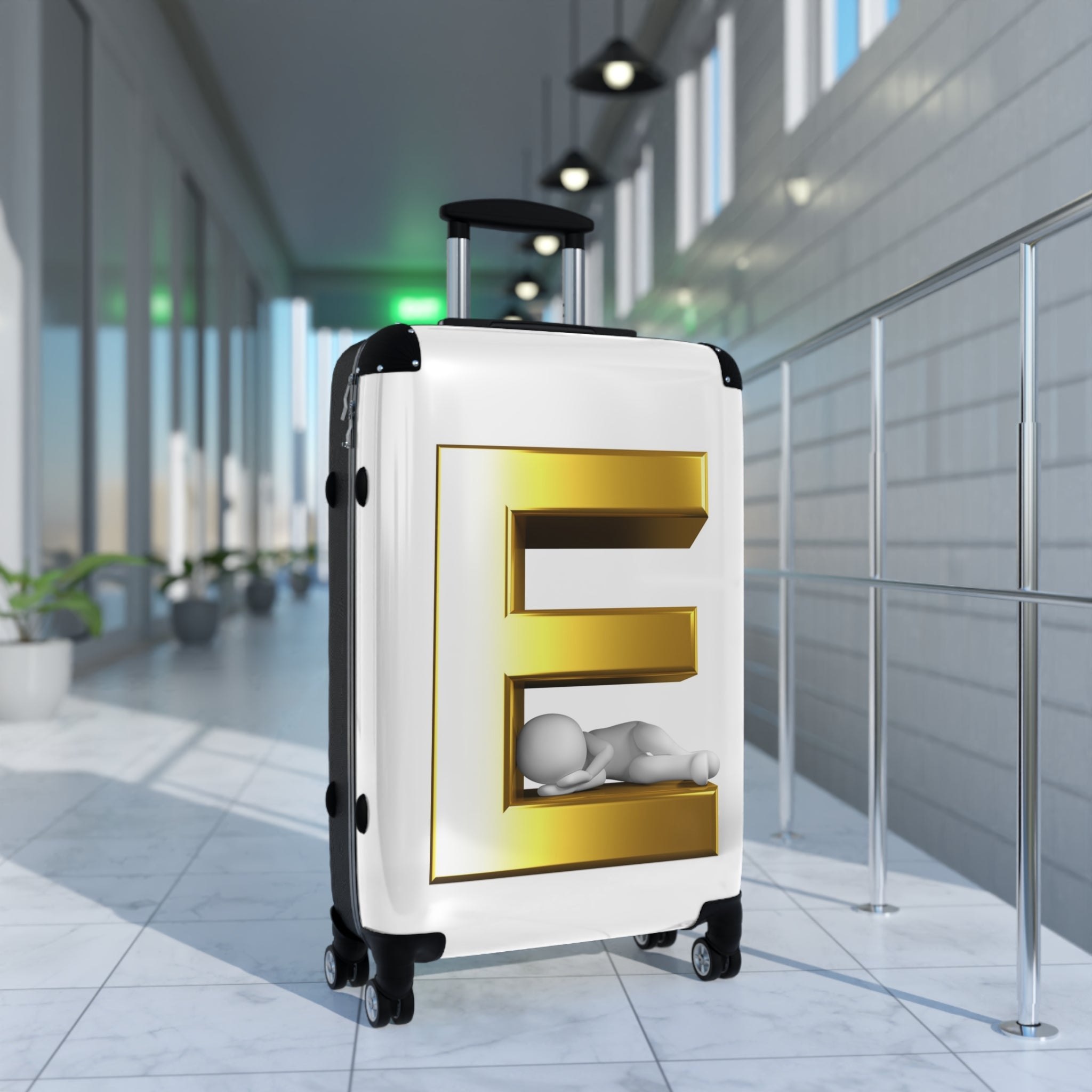 Gold 3D Letter E with Sleeping Figure Suitcase | Personalized Monogram Luggage