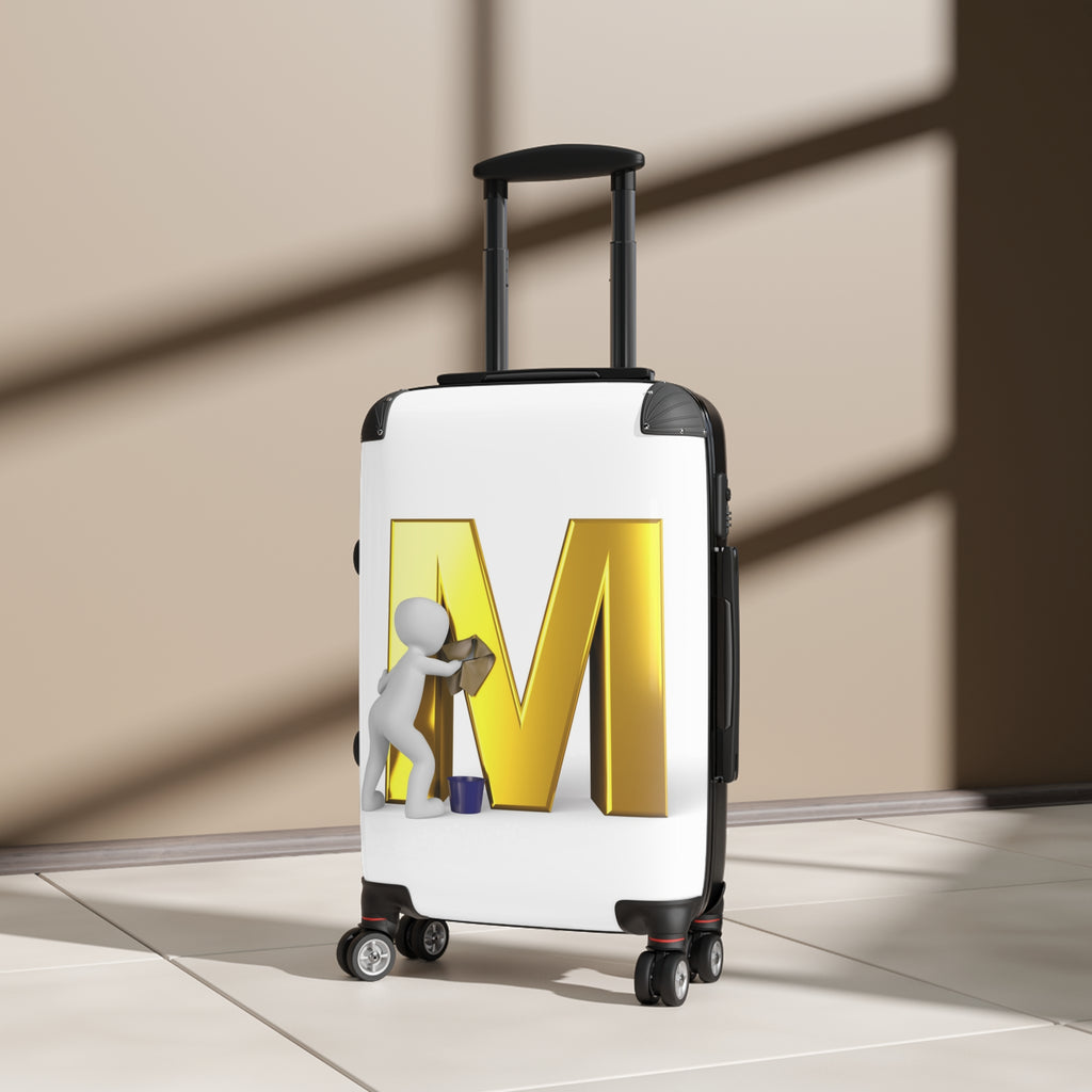 3D Person Cleaning Gold Letter M Suitcase | Luggage