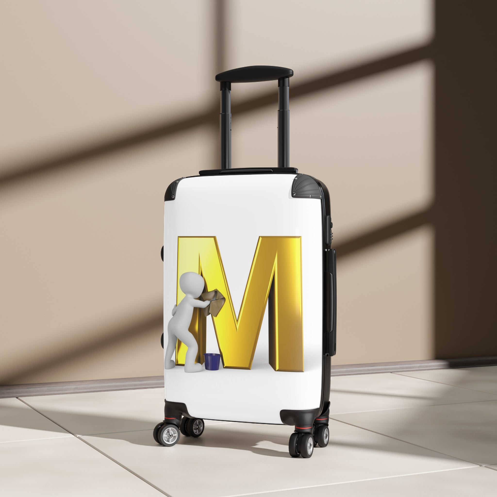 3D Person Cleaning Gold Letter M Suitcase | Luggage
