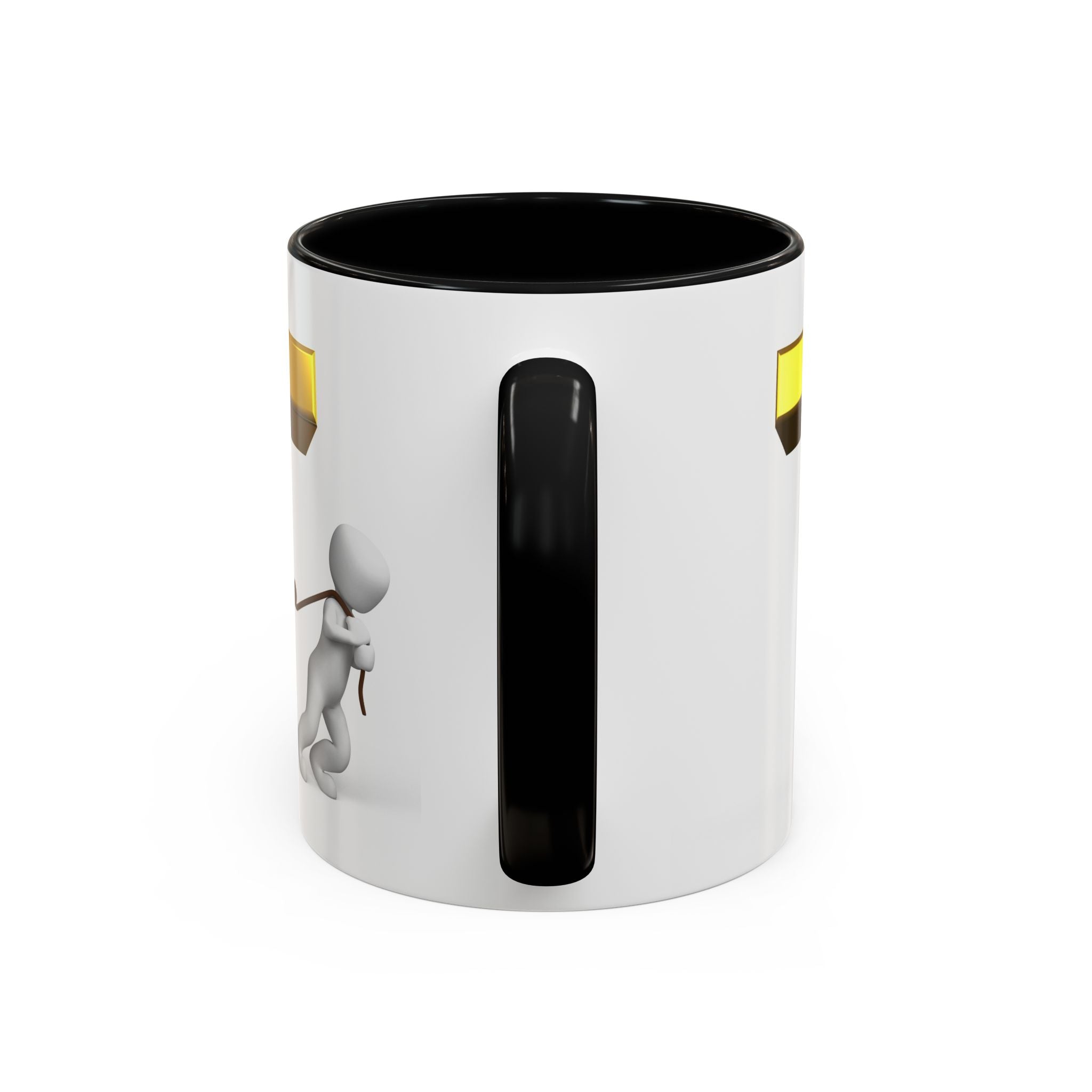 3D Stick Figure Tugging Gold Letter T Mug | Accent Coffee Mug