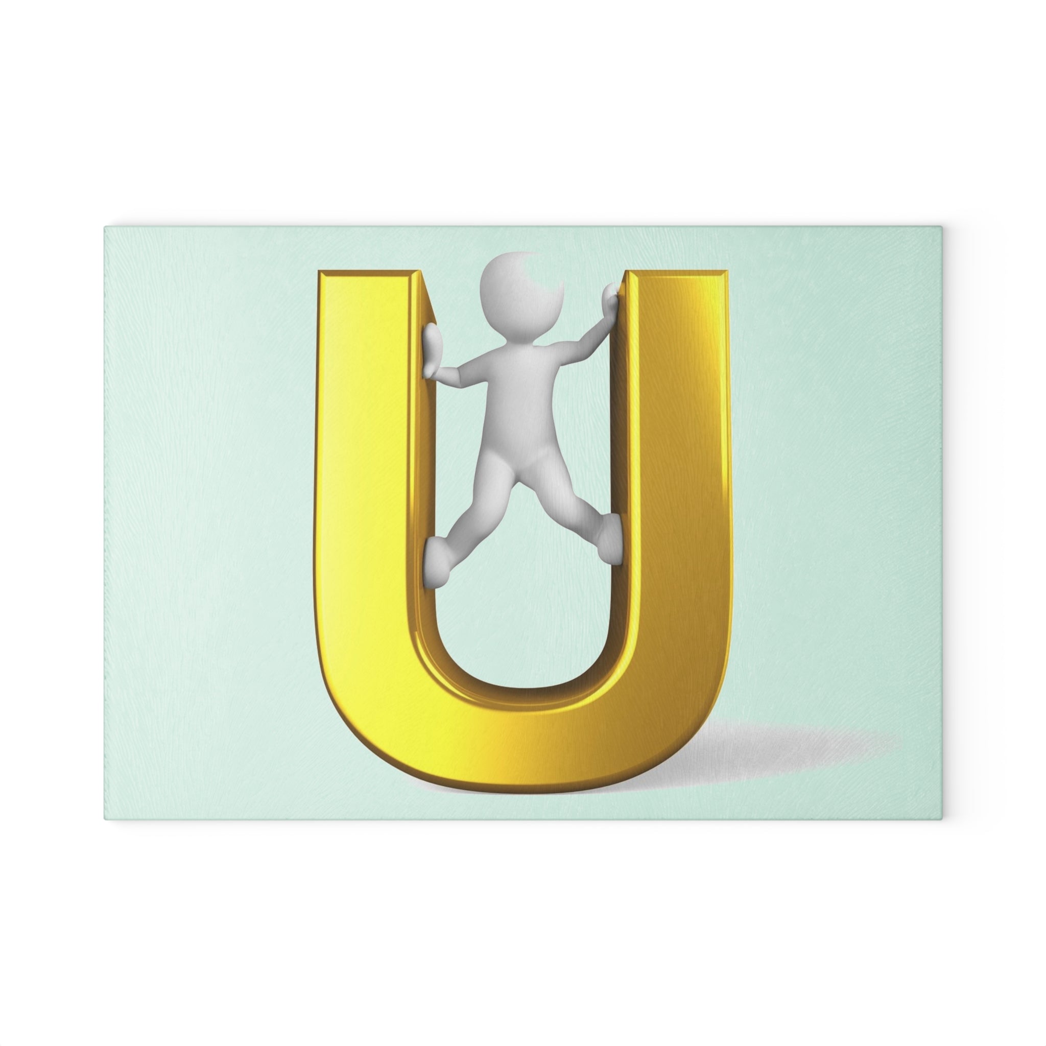 3D Figure Climbing Gold Letter U Glass Cutting Board | Monogram Initial Kitchen Decor
